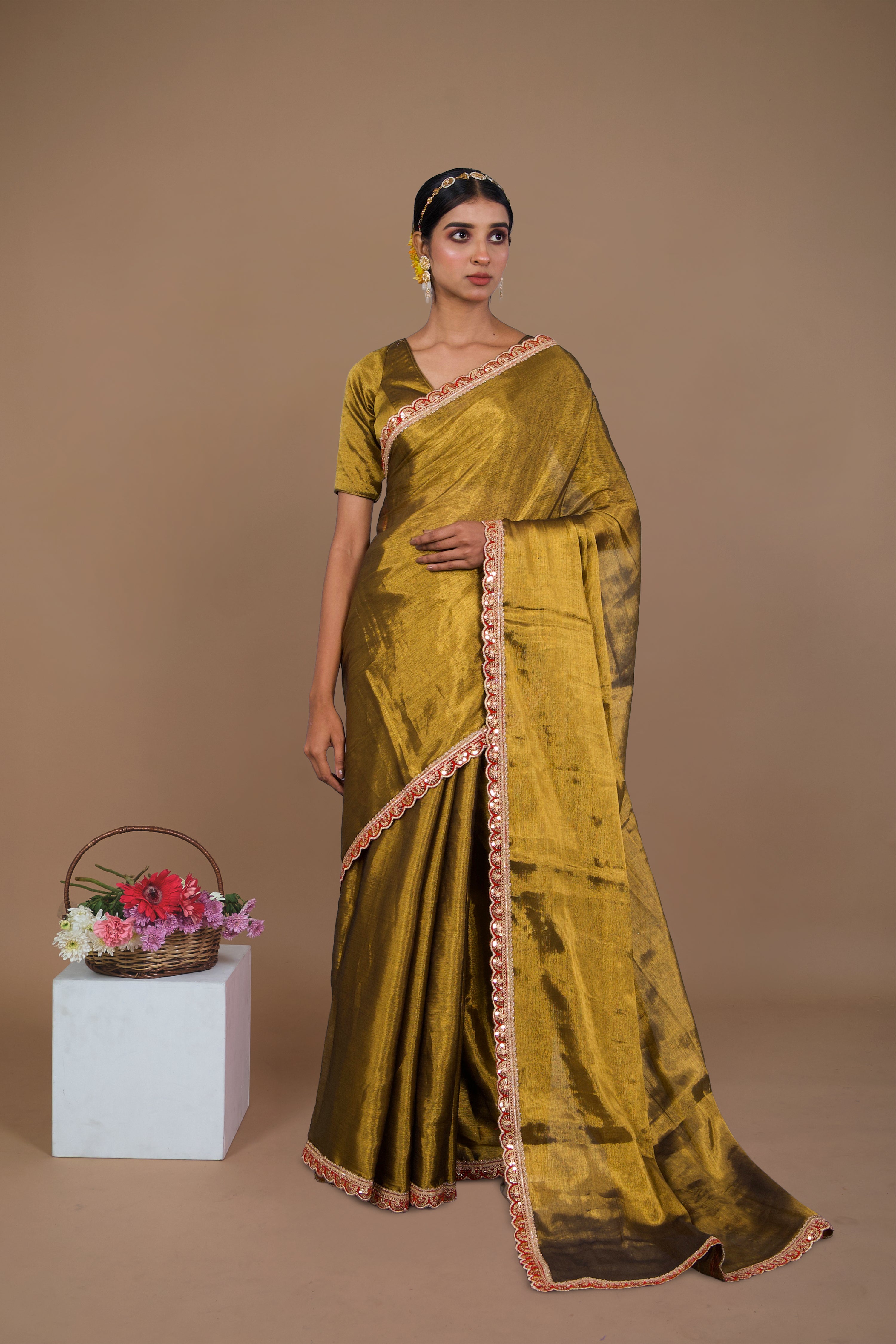 Swarnima I Golden handwoven tissue saree with red scalloped lace