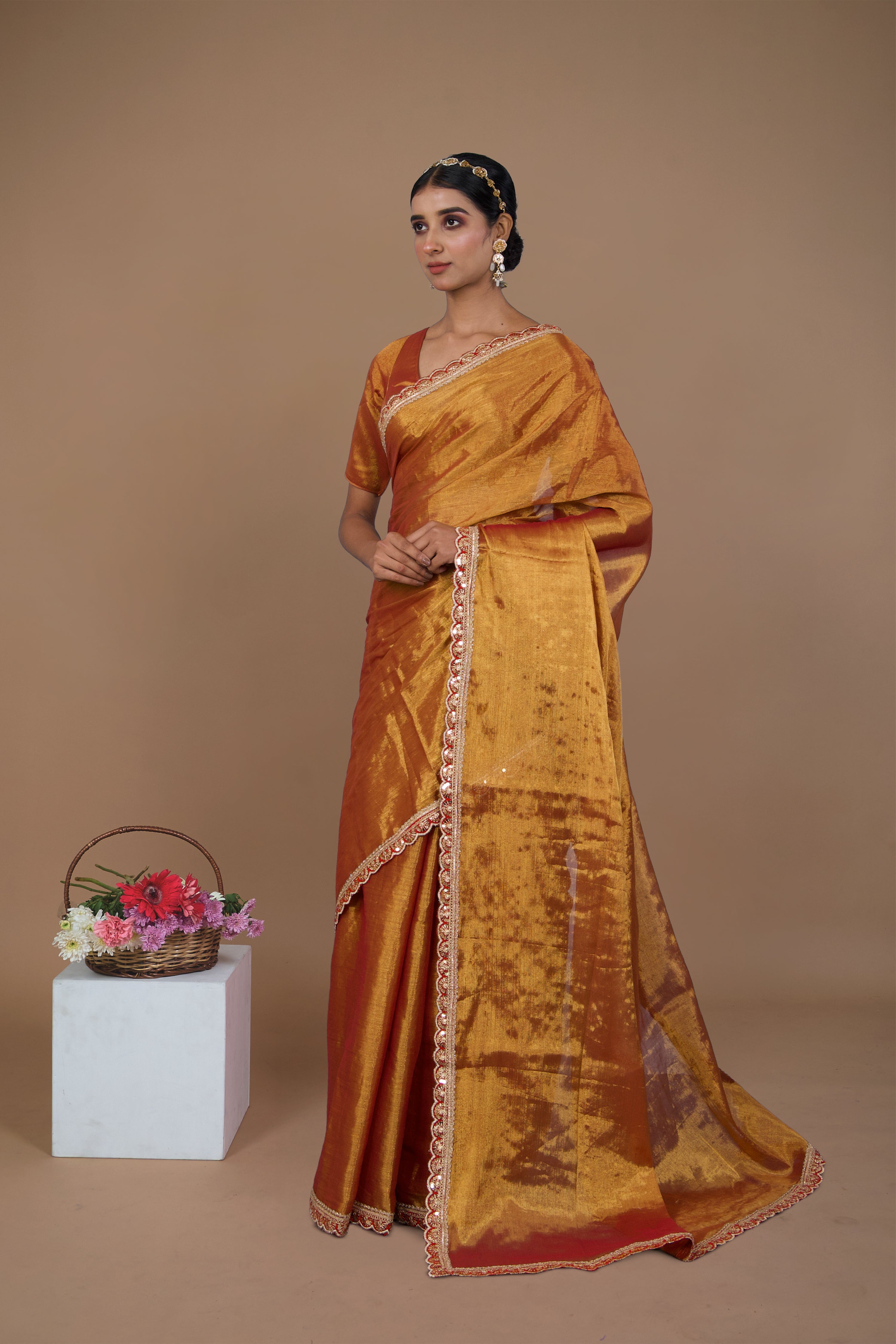 Shagun I Warm Red handwoven tissue saree with scalloped lace