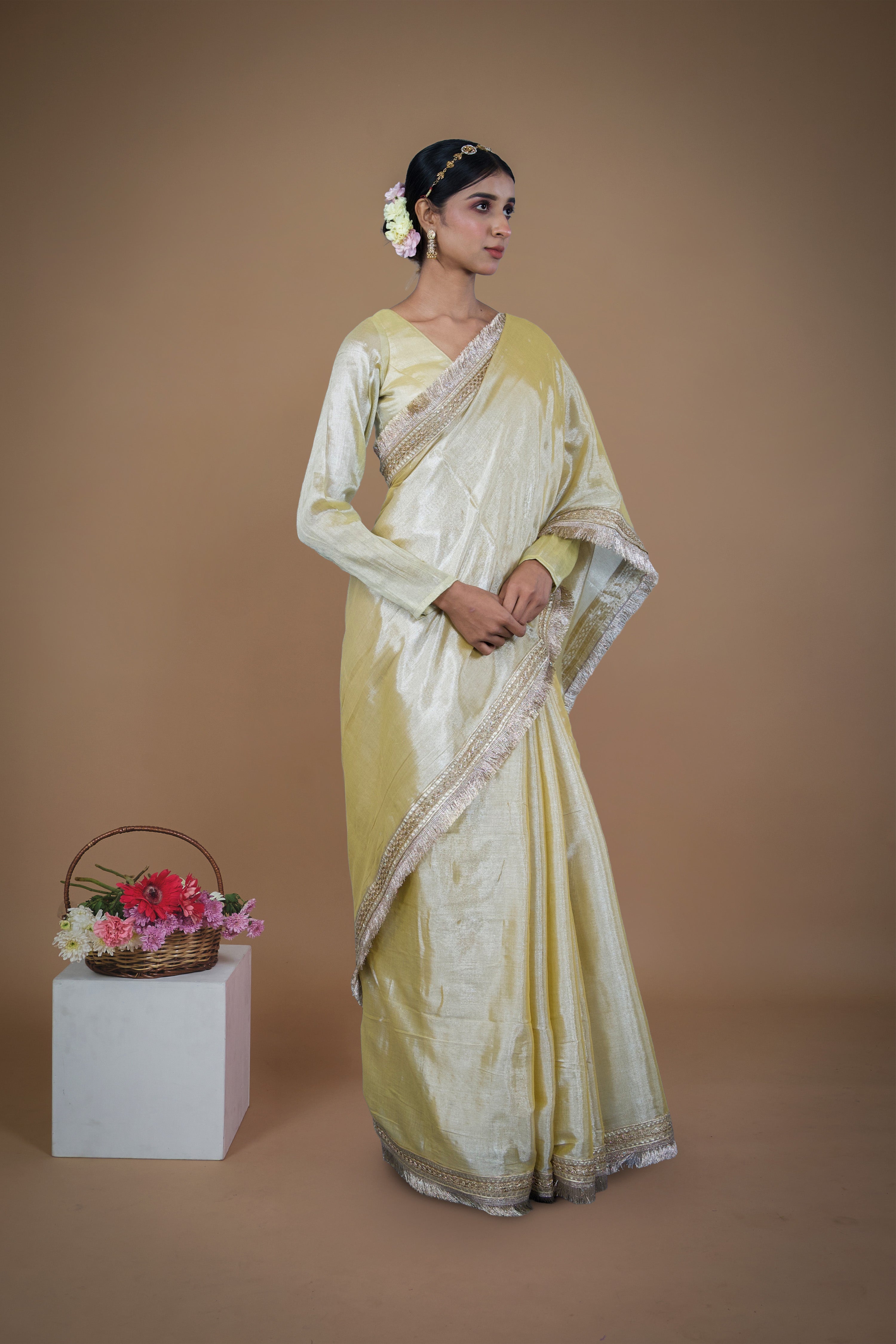 Tarang I Neon yellow handwoven tissue saree with matte gold lace