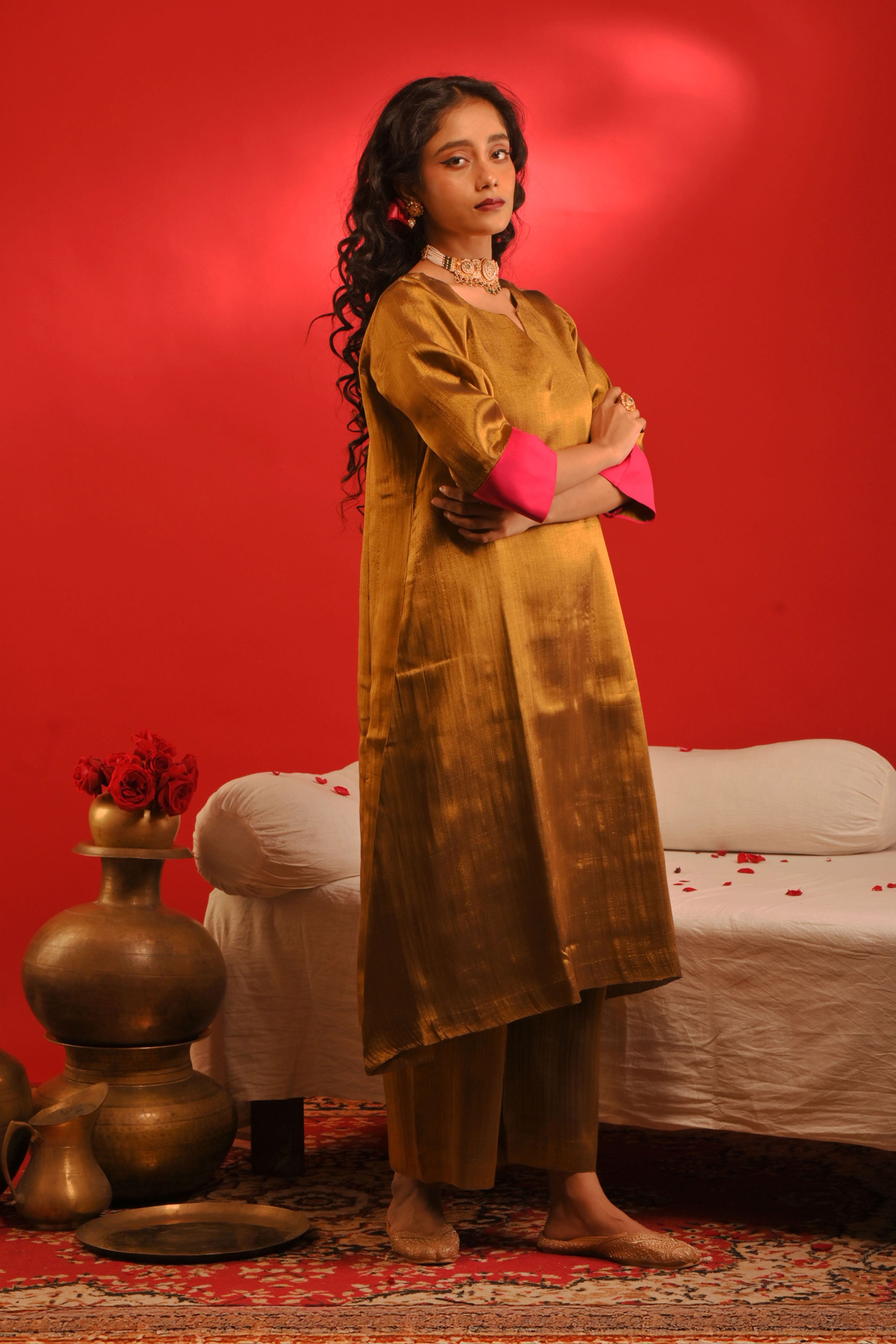 Mriganka I Golden handloom tissue kurta pant set with contrast sleeves