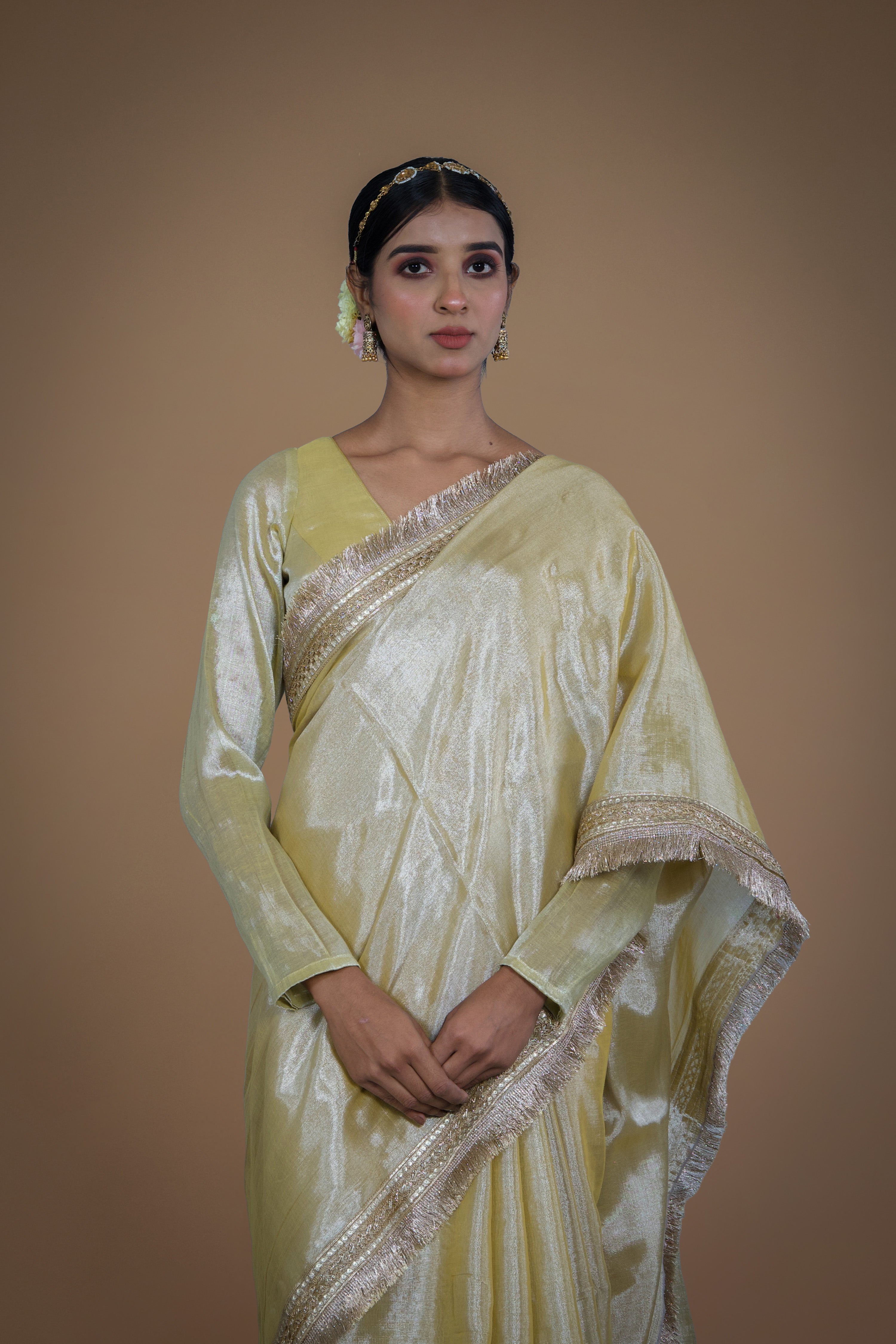Tarang I Neon yellow handwoven tissue saree with matte gold lace