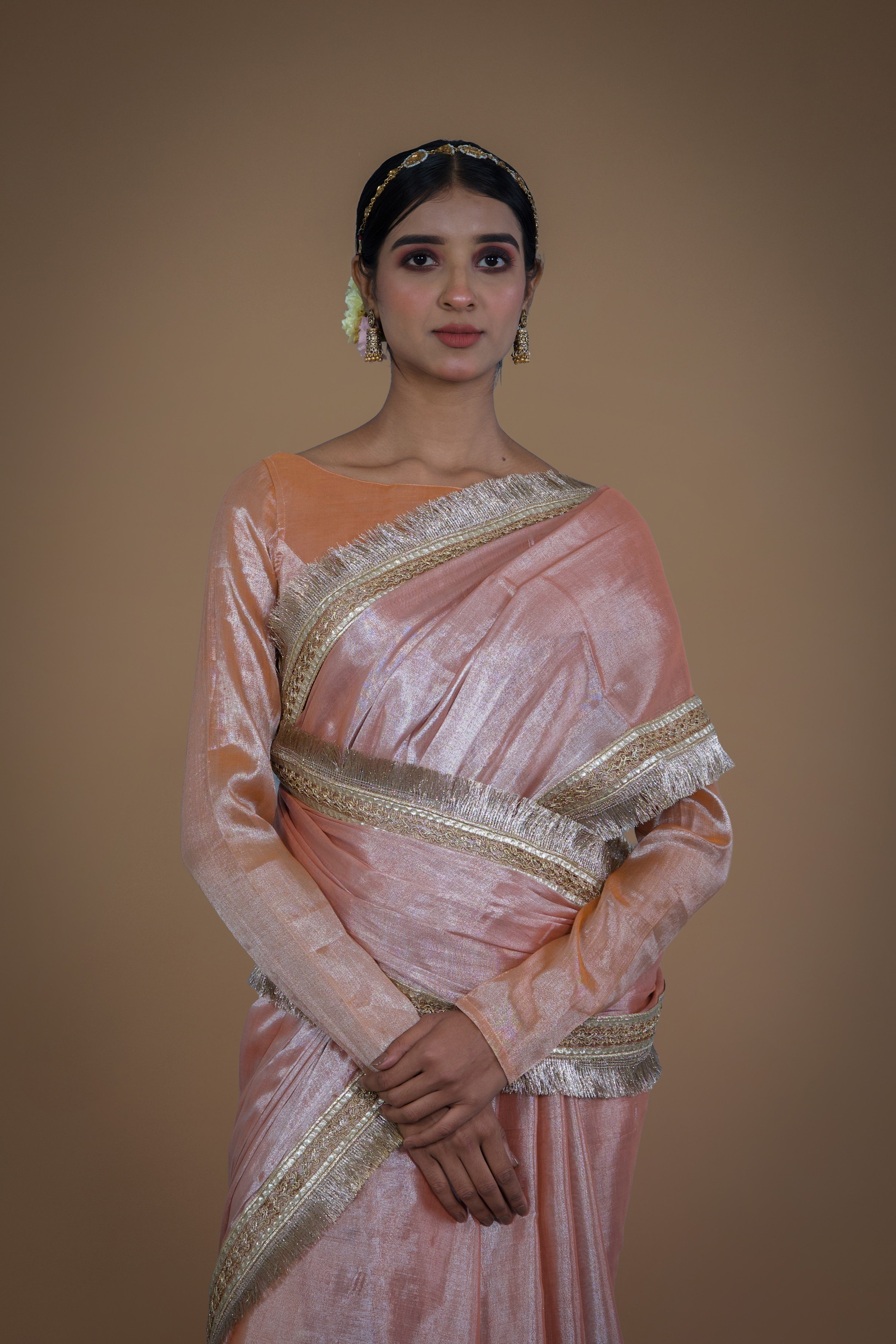 Suvarna I Neon orange handwoven tissue saree with matte gold lace