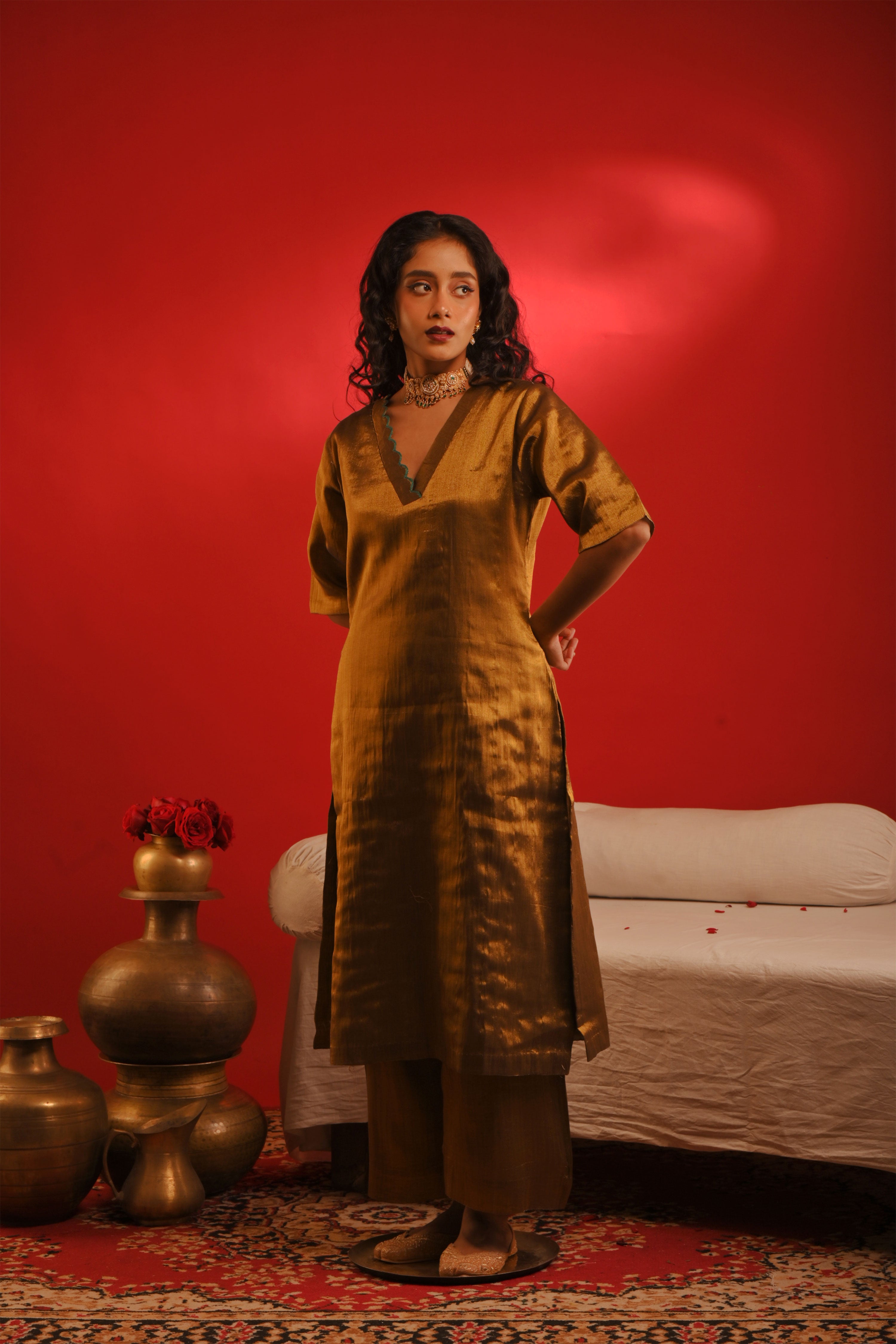Ishanya I Golden handloom tissue kurta pant set