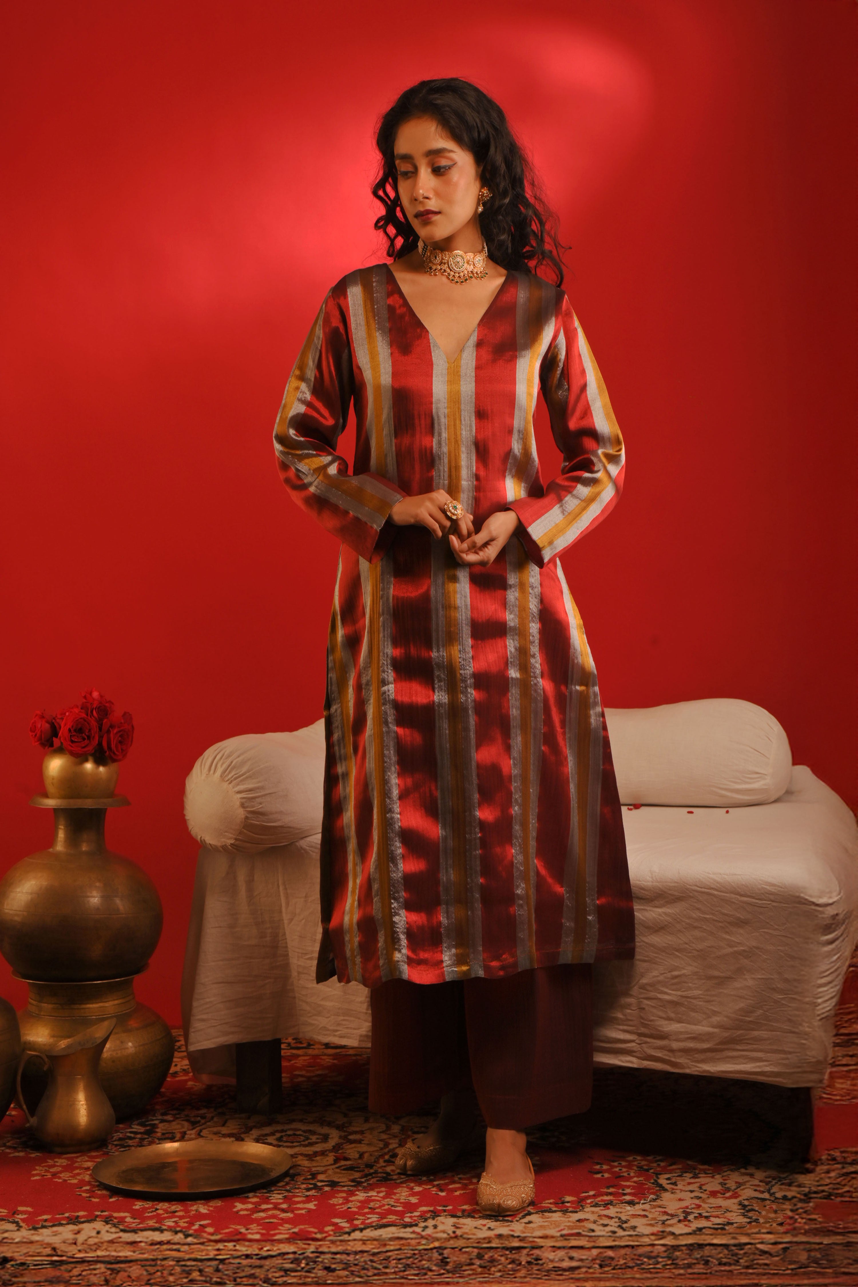 Anvaya I Multicoloured stripe handloom tissue kurta pant set