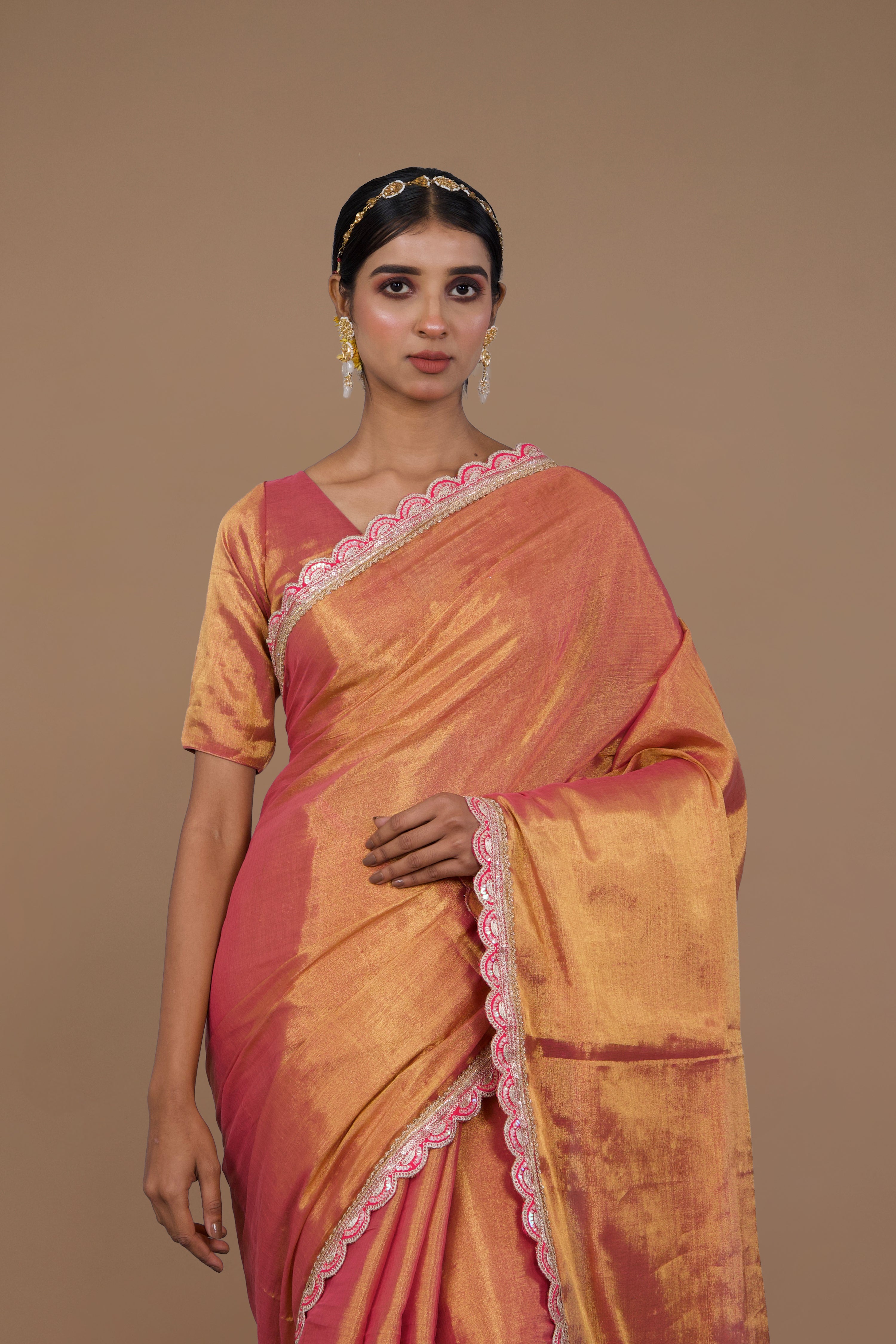 Arunika I Pink handwoven tissue saree with scalloped lace