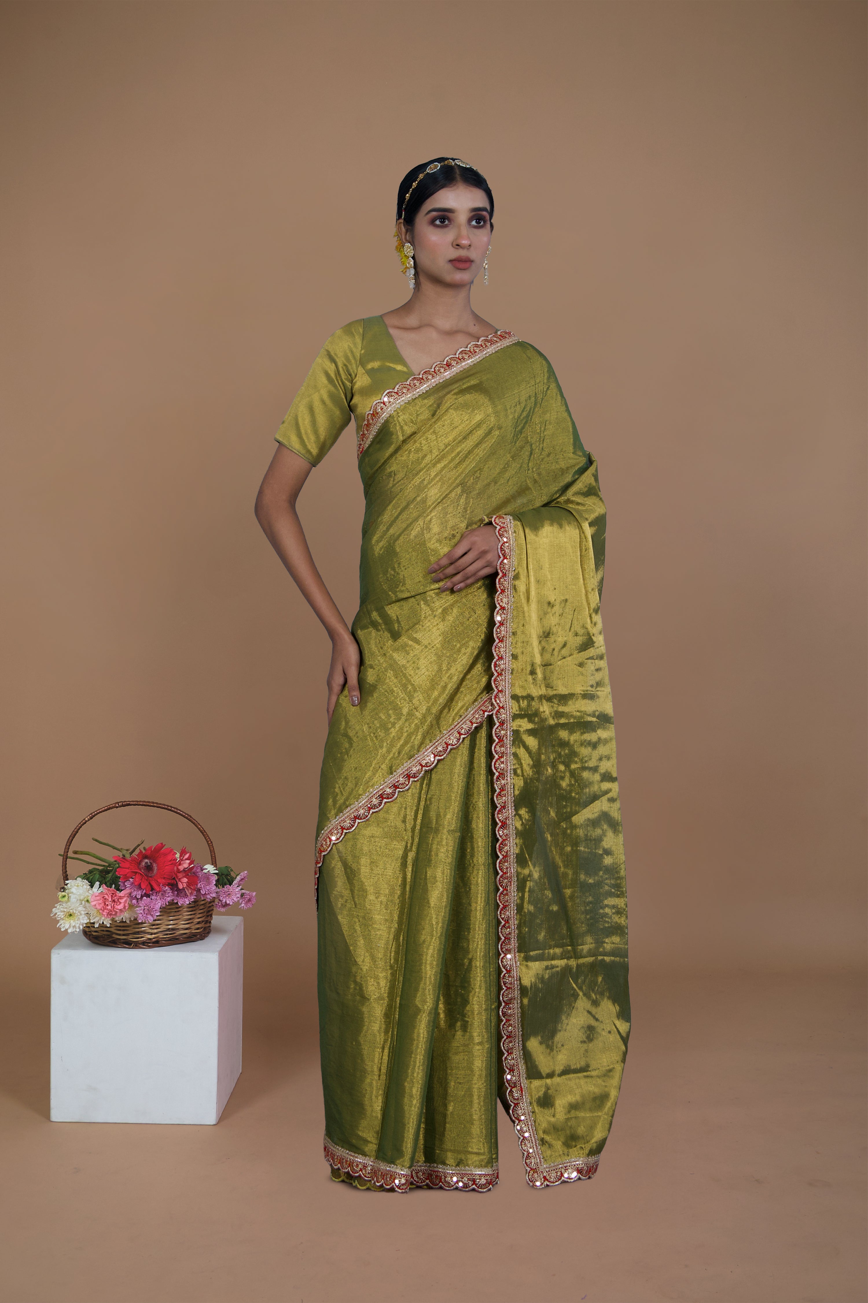 Yashvi I Olive Green handwoven tissue saree with scalloped lace