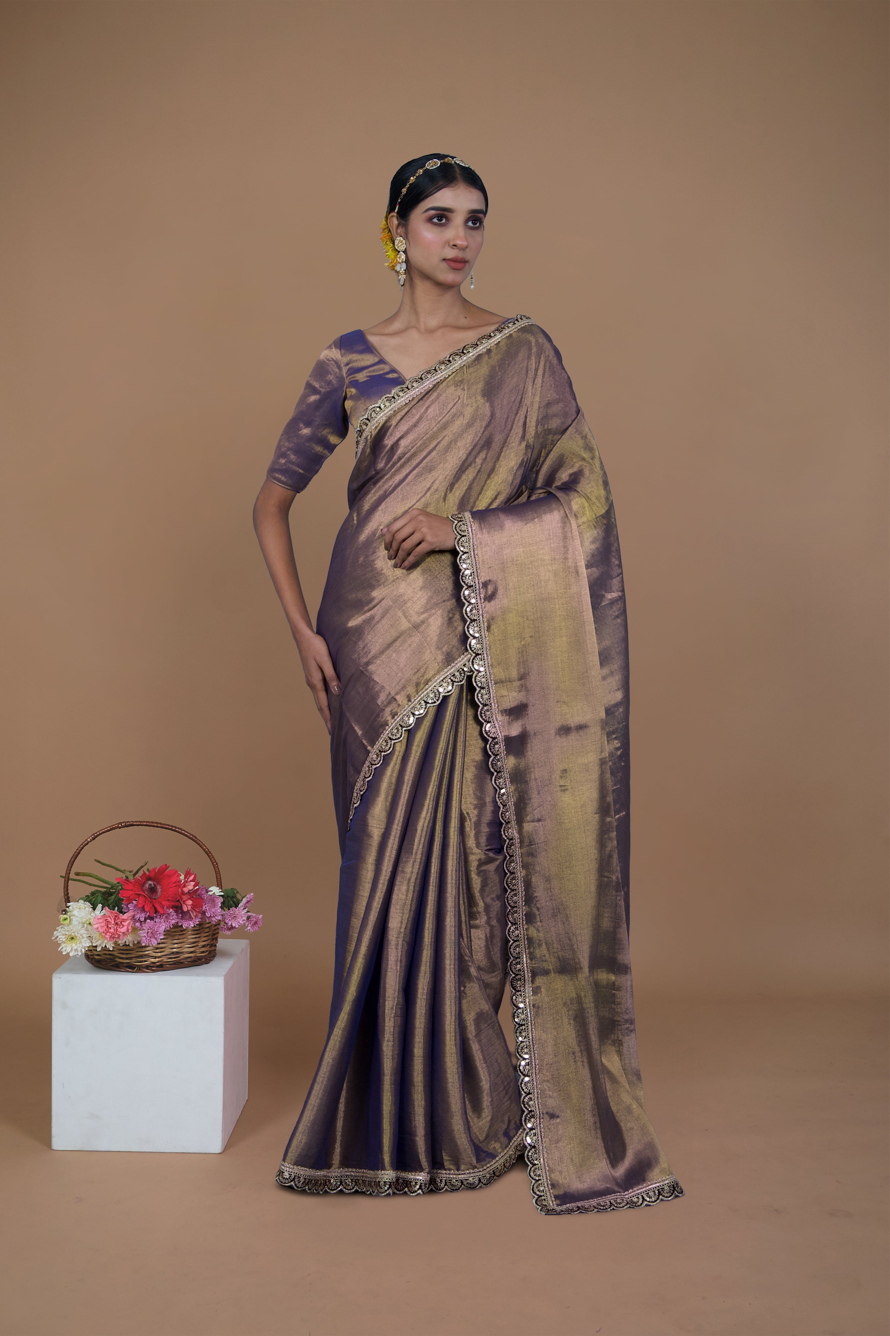 Sharanya I Purple handwoven tissue saree with scalloped lace