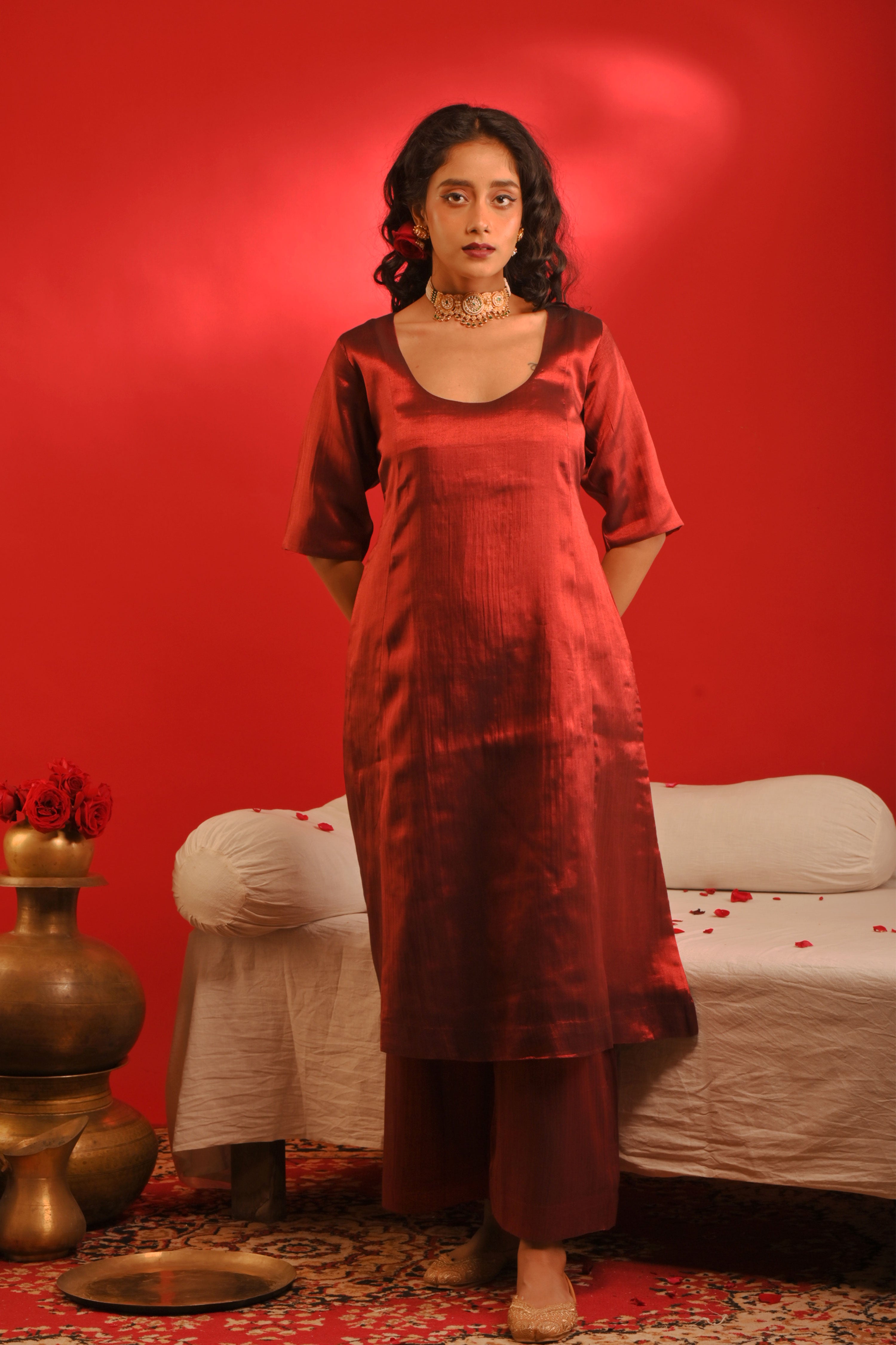 Rasika I Red Handloom tissue kurta pant set