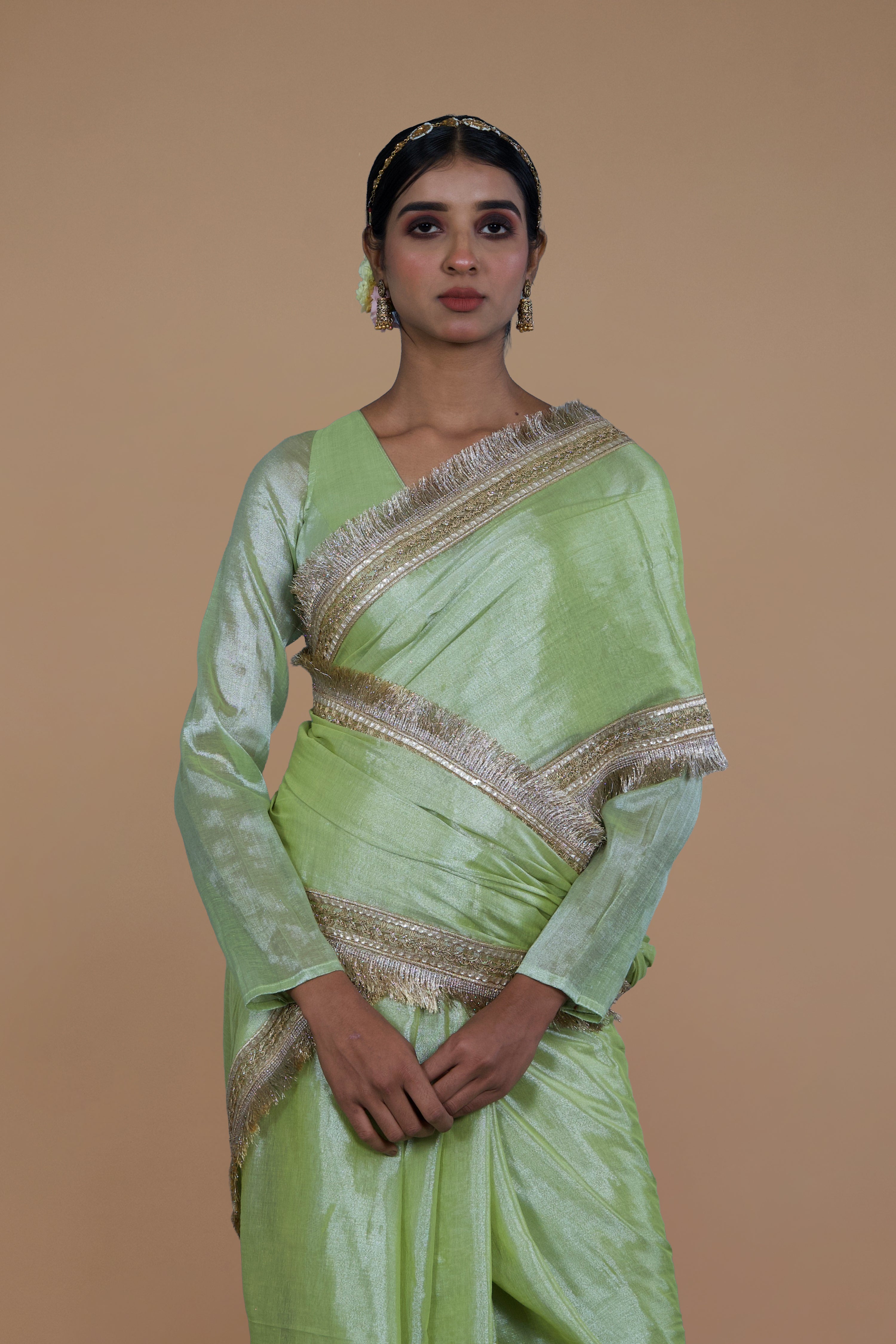 Mayukha I Neon Green handwoven tissue saree with matte gold lace
