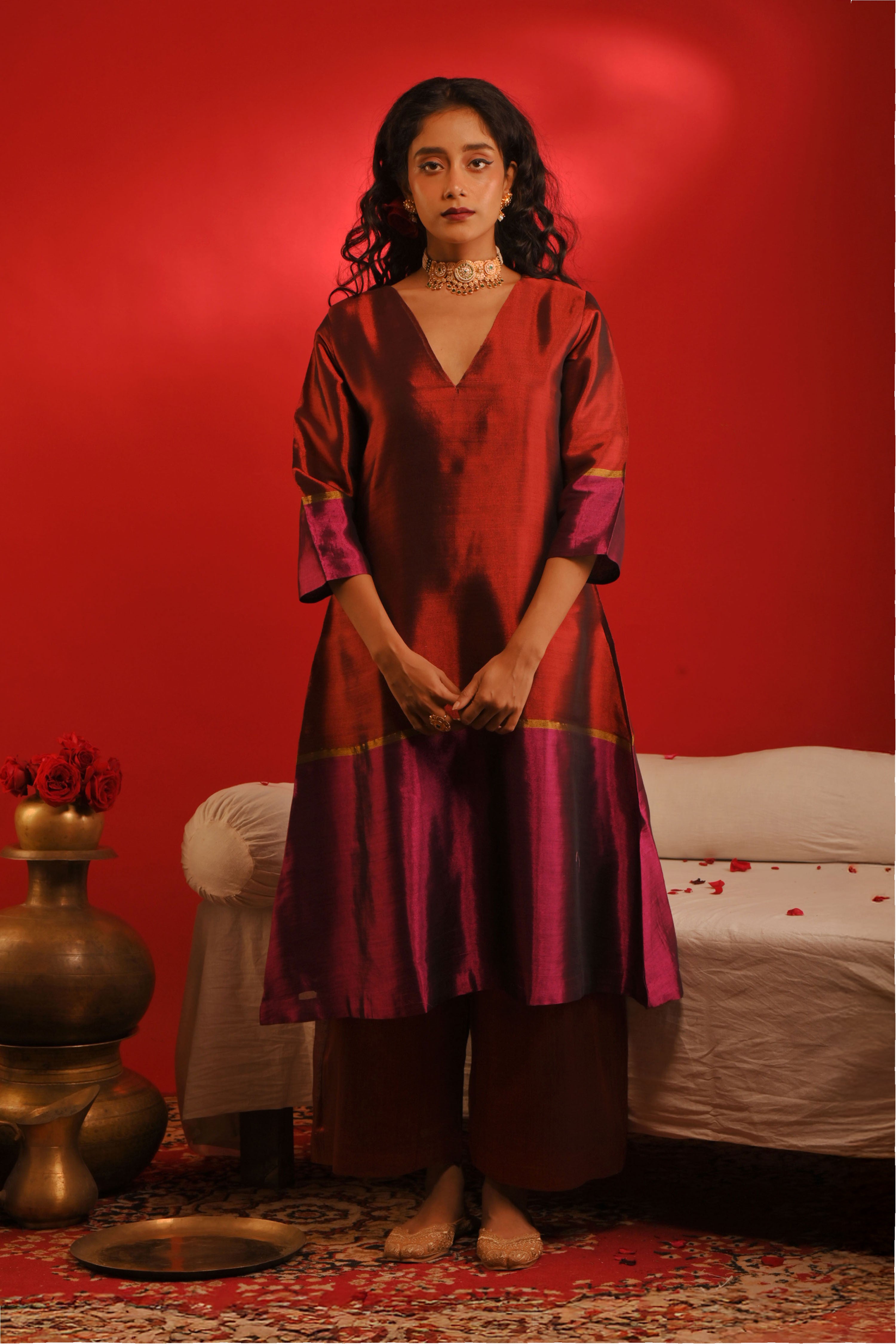 Prachi I Red and purple handwoven tissue kurta pant set