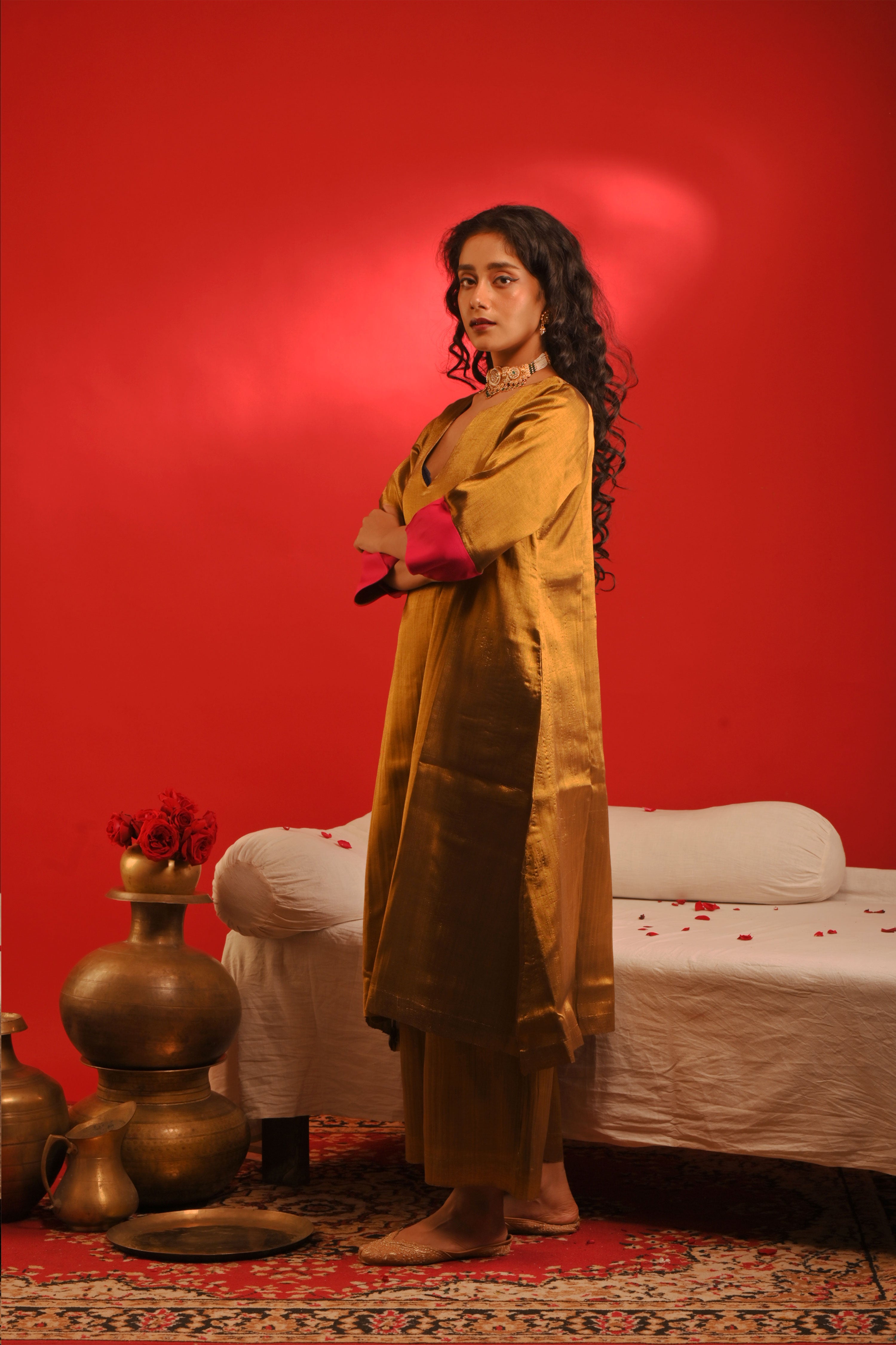Mriganka I Golden handloom tissue kurta pant set with contrast sleeves