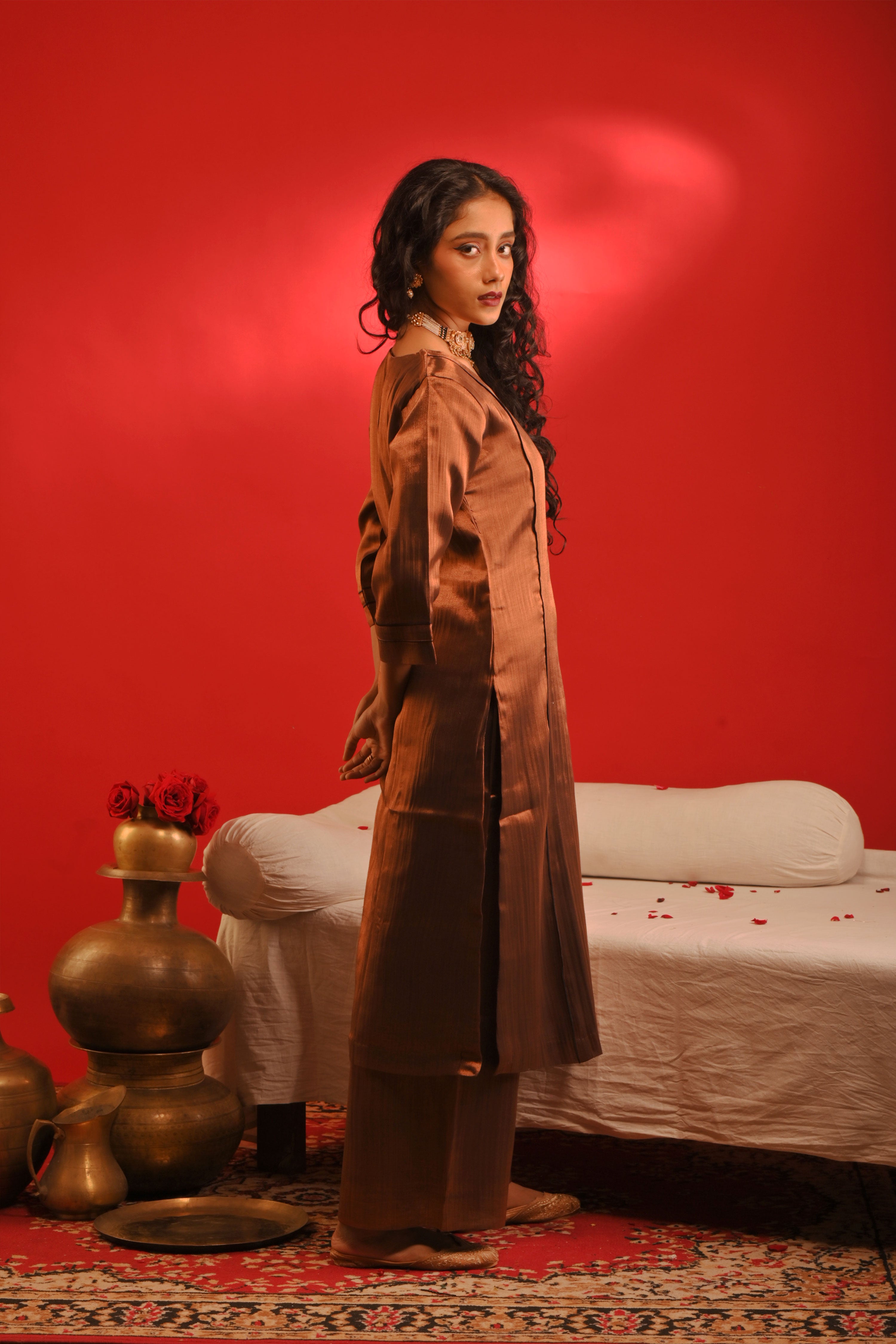 Kajari I Copper handloom tissue kurta pant set