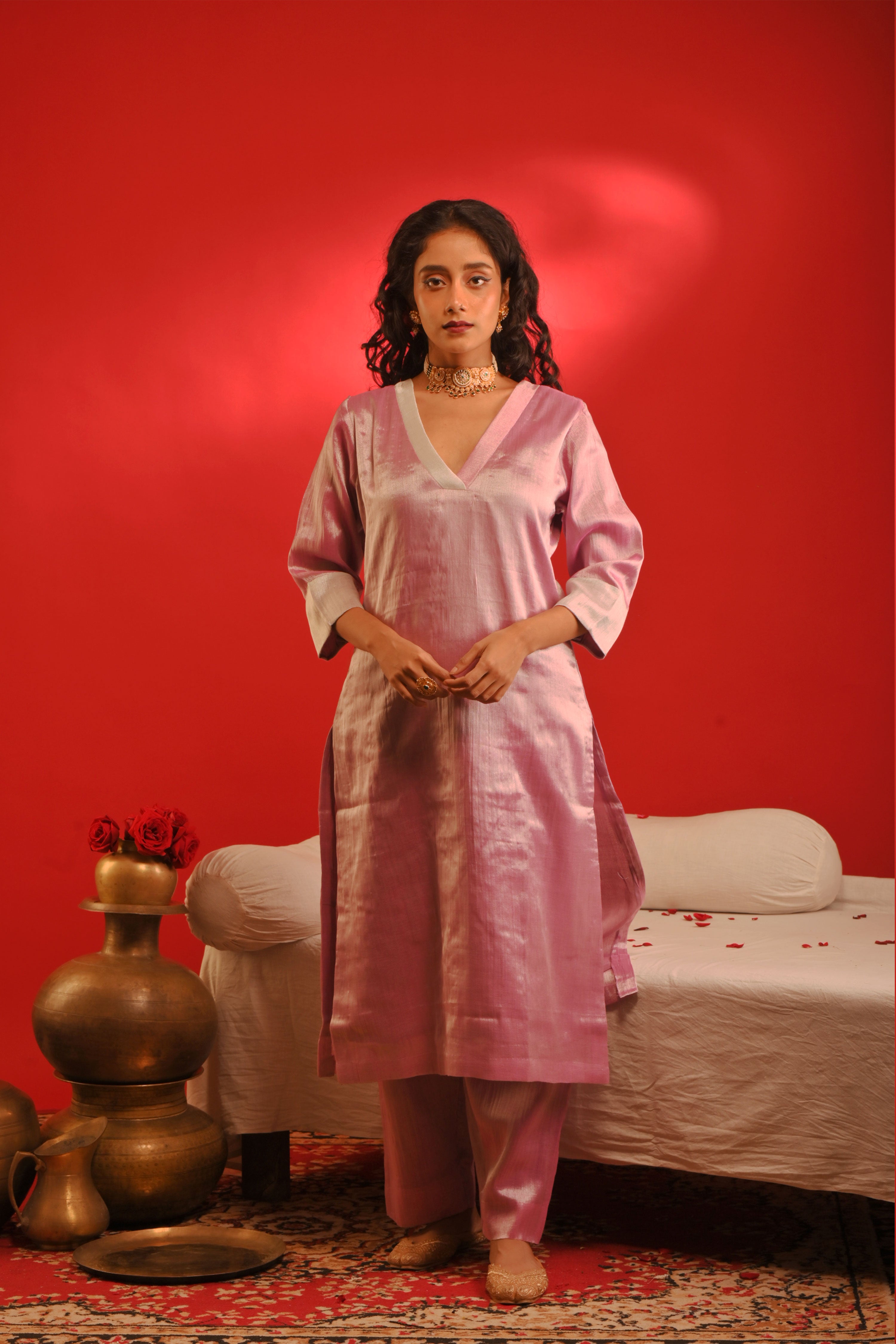 Chayanika I Blush pink handloom tissue kurta pant set
