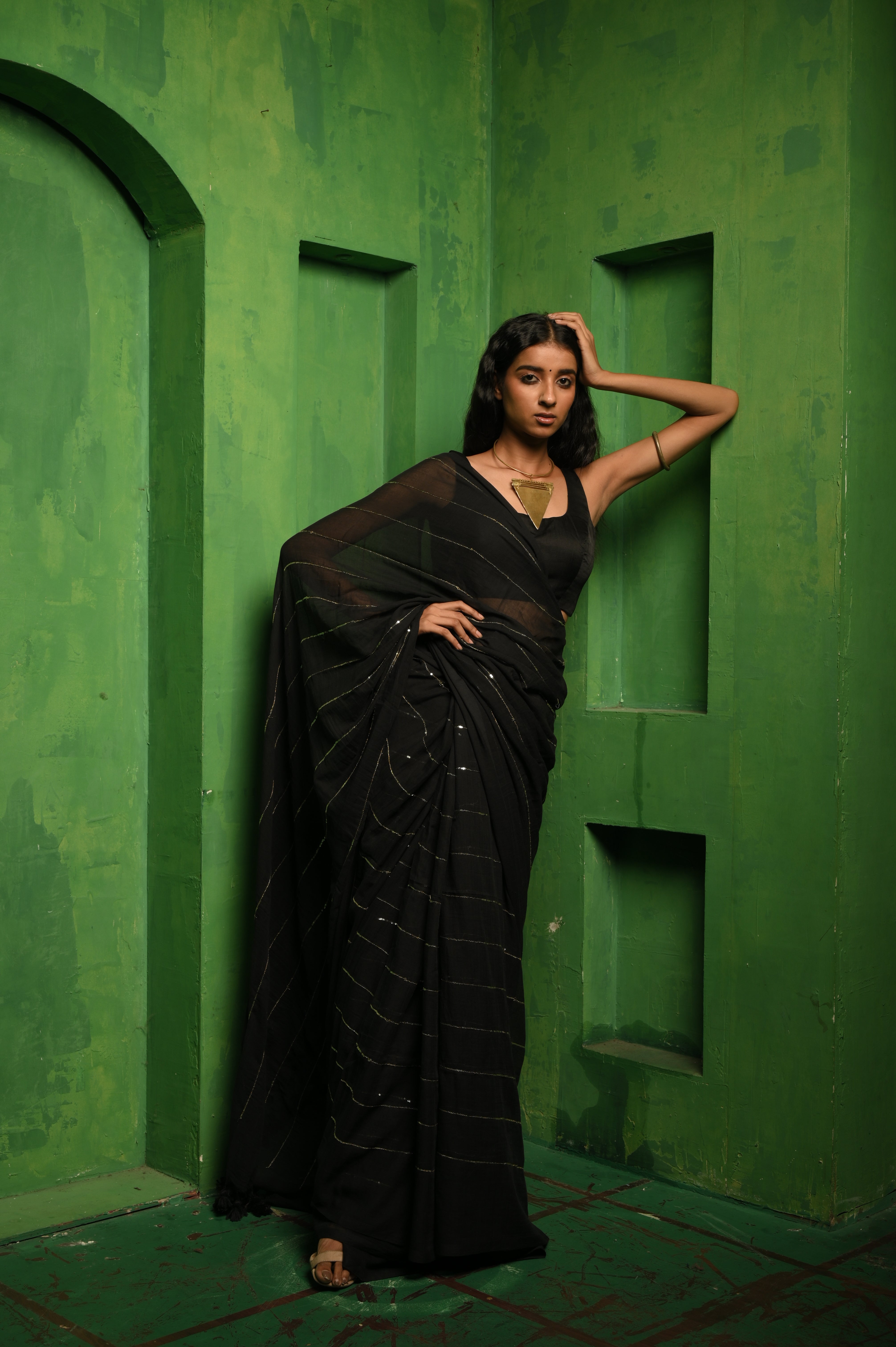 Zaalima I Black Handloom Mul Cotton Saree with Sequined Lines