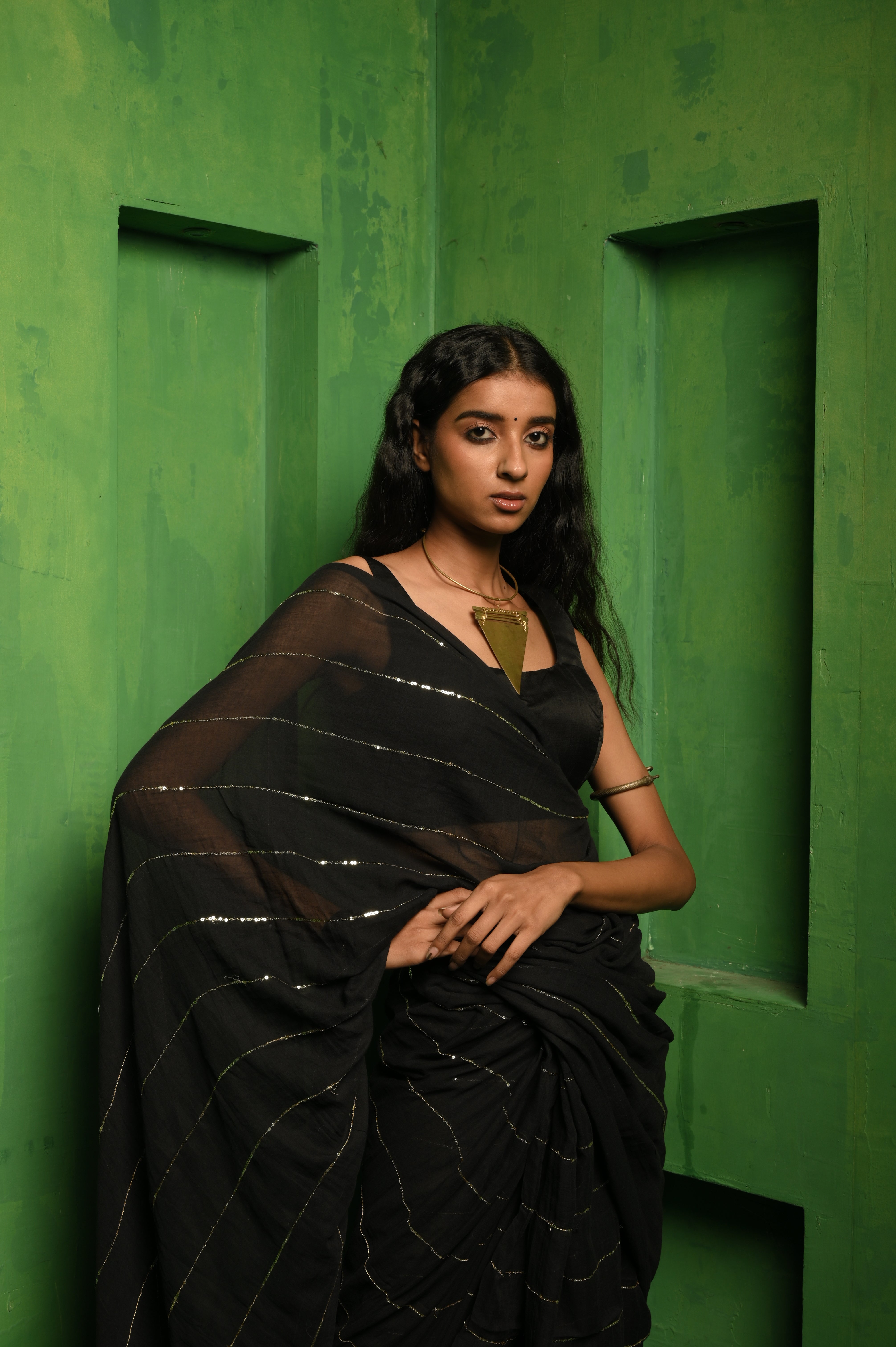 Zaalima I Black Handloom Mul Cotton Saree with Sequined Lines