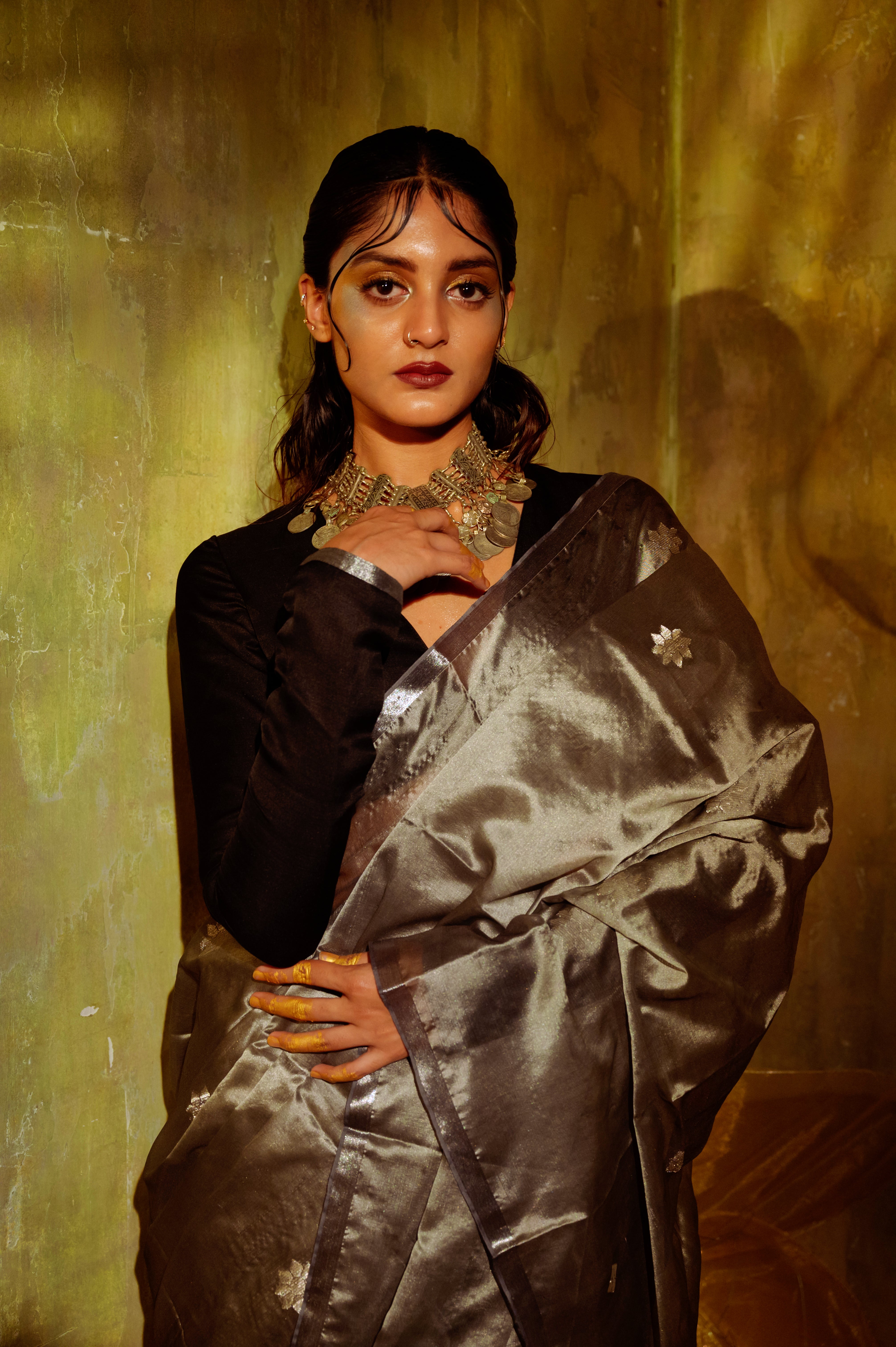 Gulbahar TLR-403 I Silver handloom Silk Saree with minimal flaws