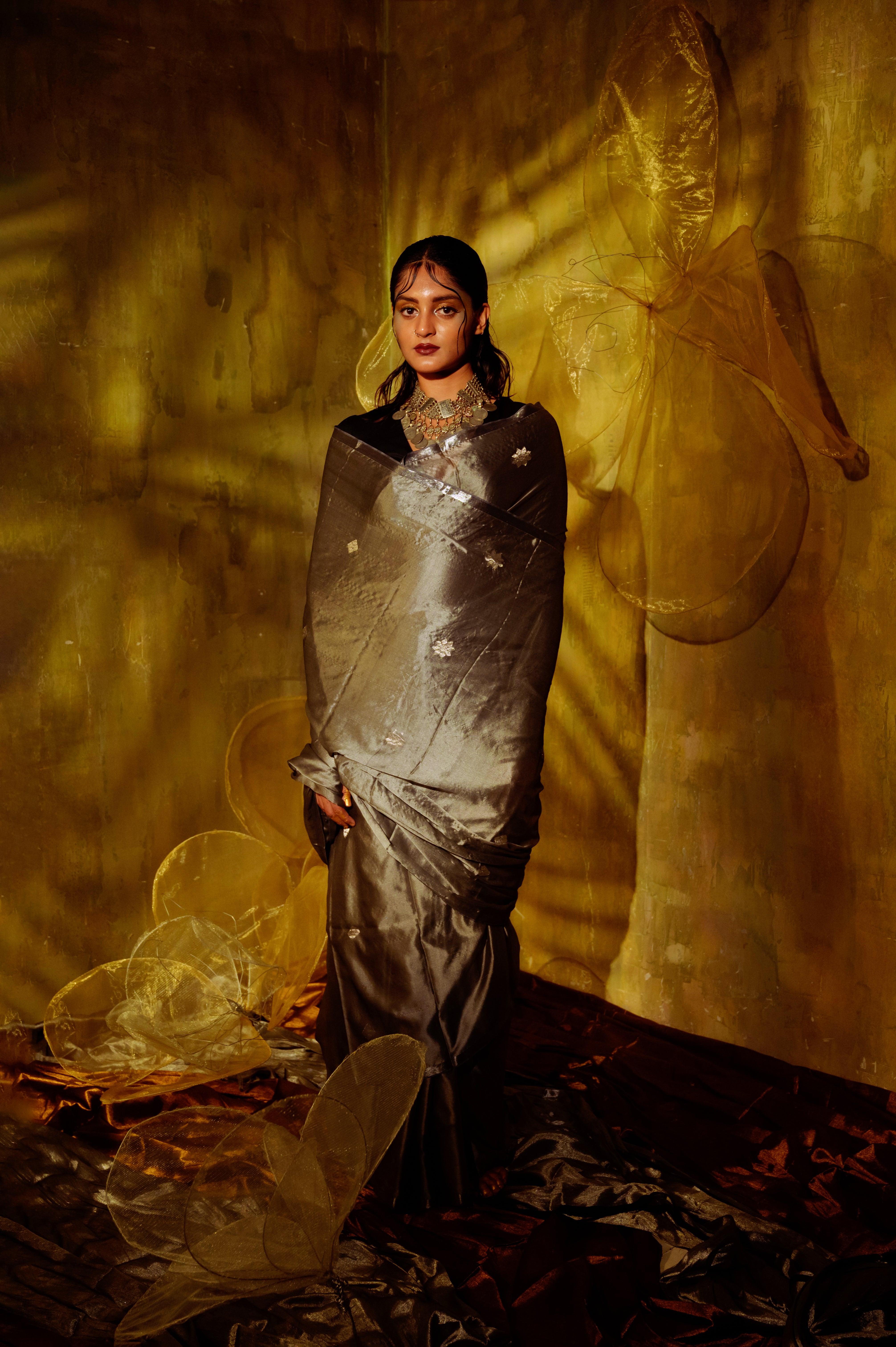 Gulbahar TLR-403 I Silver handloom Silk Saree with minimal flaws