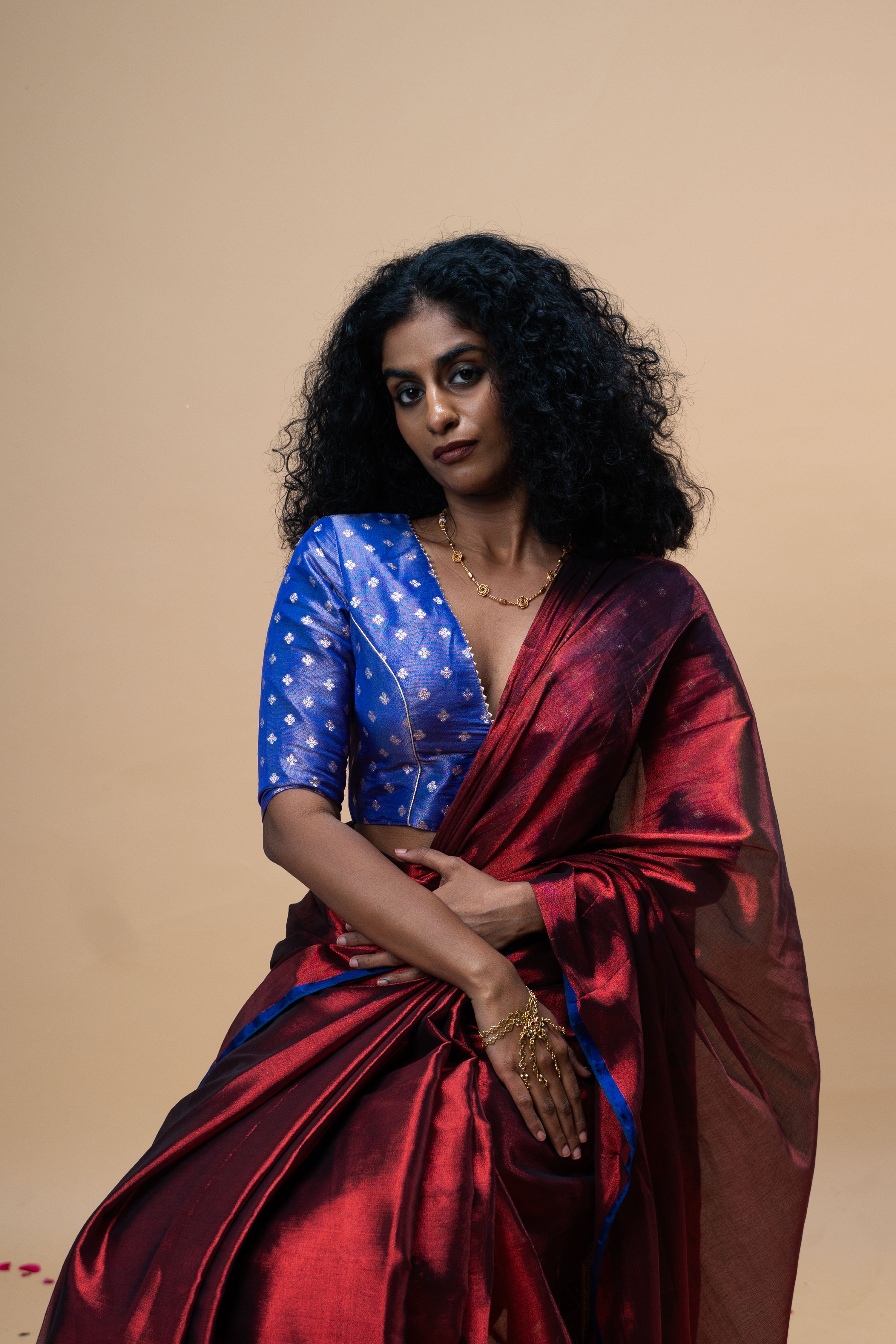 Antara I Blue brocade silk blouse with v neck