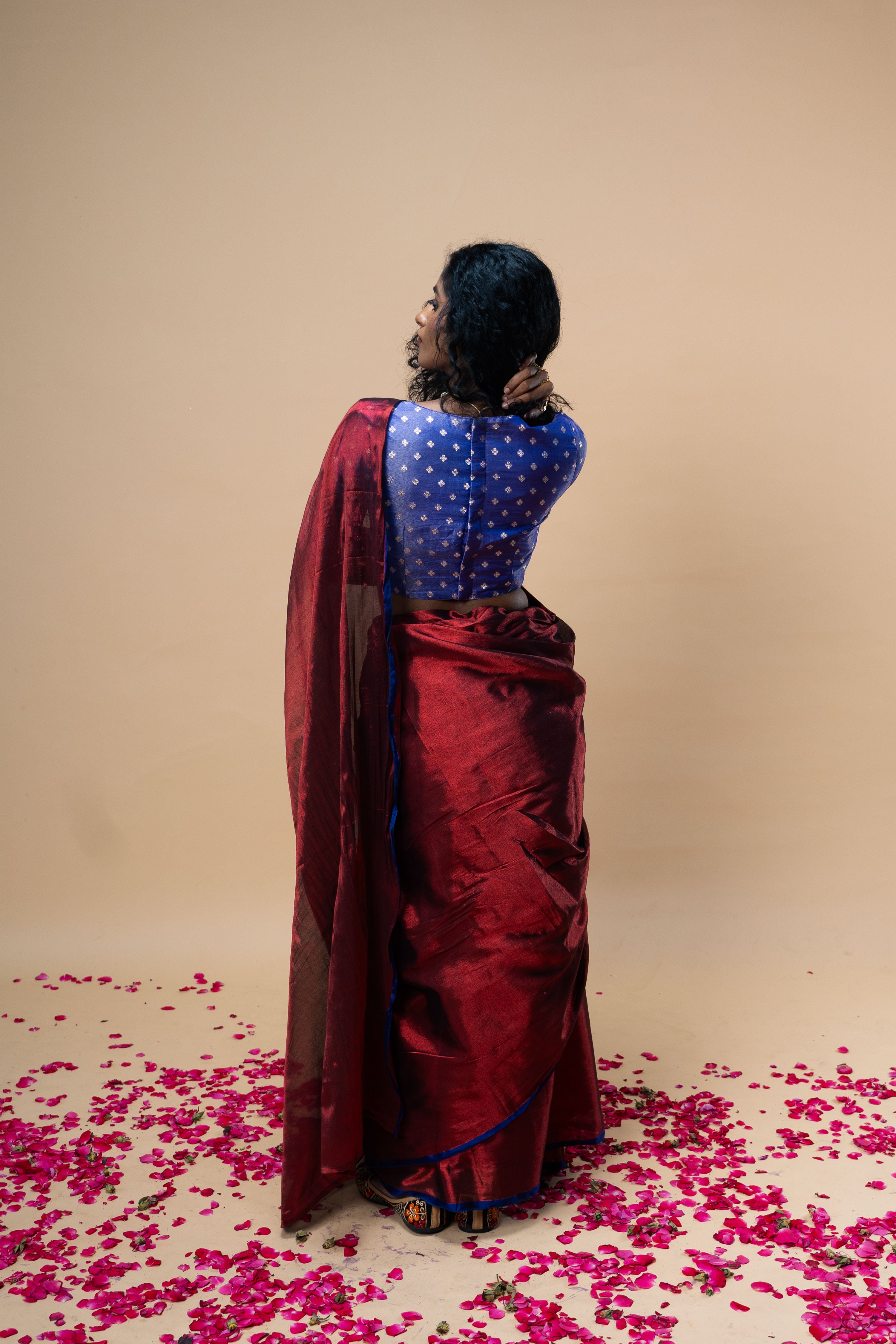 Antara I Blue brocade silk blouse with v neck