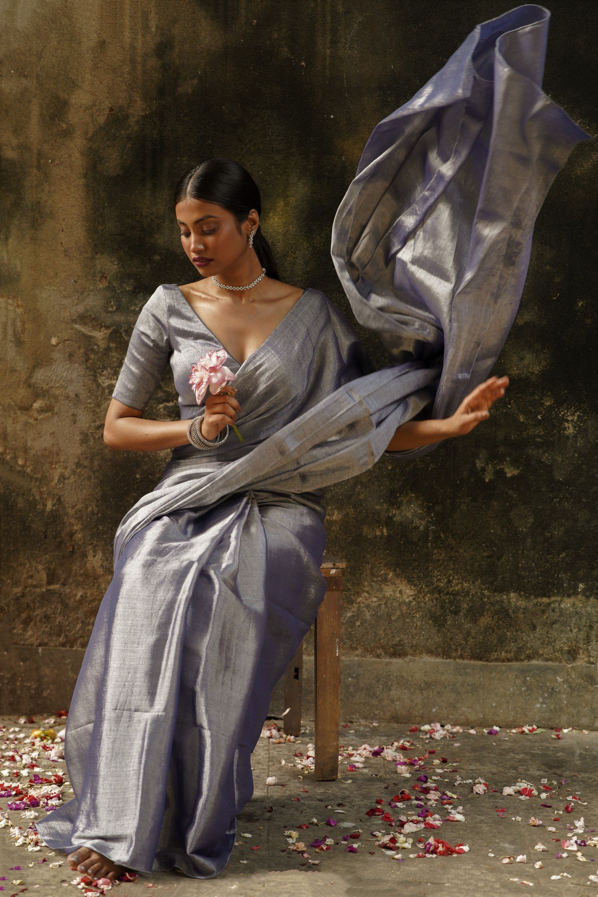 Handwoven Midnight Blue Tissue Saree With Ready to Wear Midnight Blue Blouse Combo (Aadhi rat & Raat ki kahani)