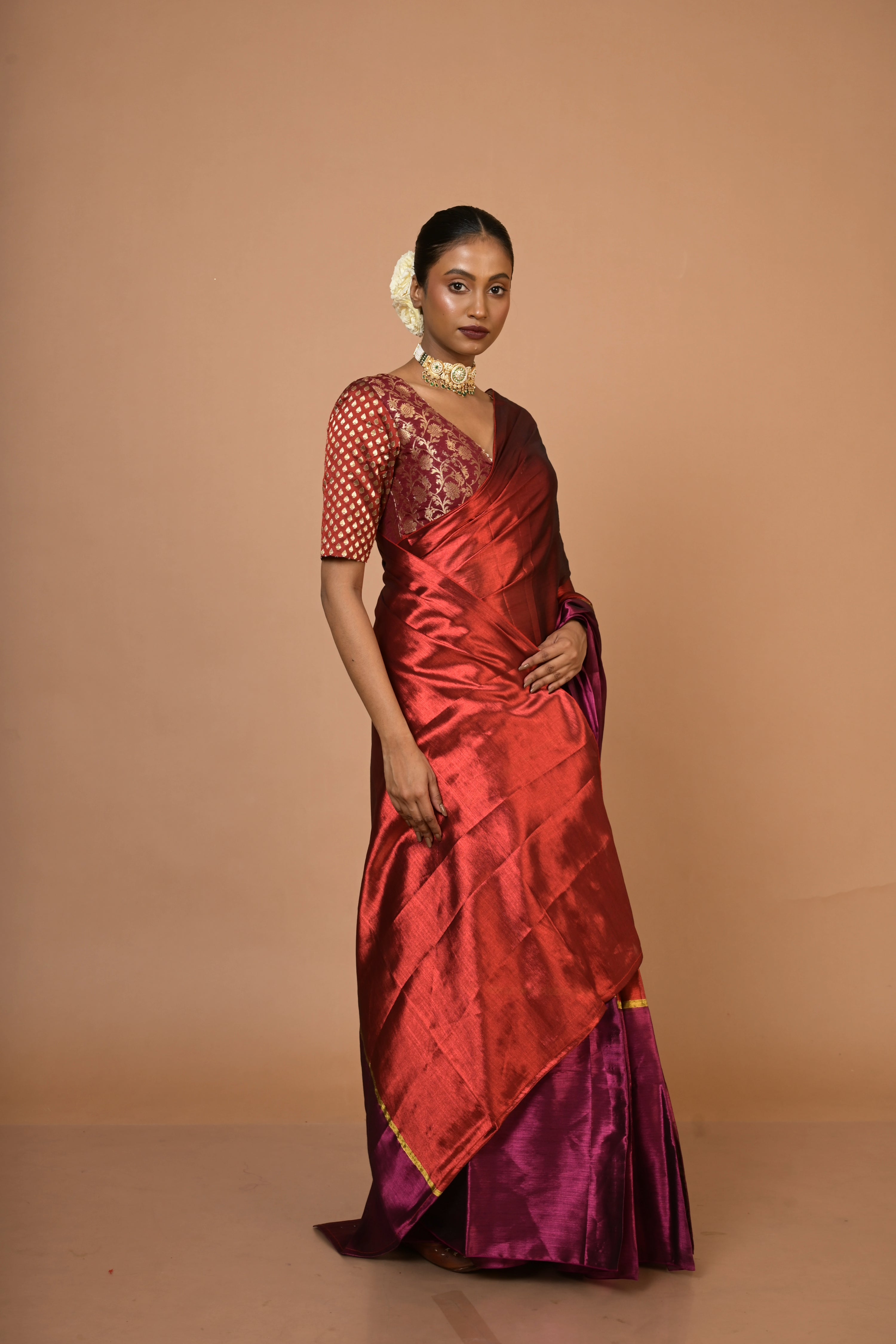 Red and Purple Handloom Tissue Saree with Ready to Wear Red and Purple Brocade Blouse Combo(Navya+Anuraagini)