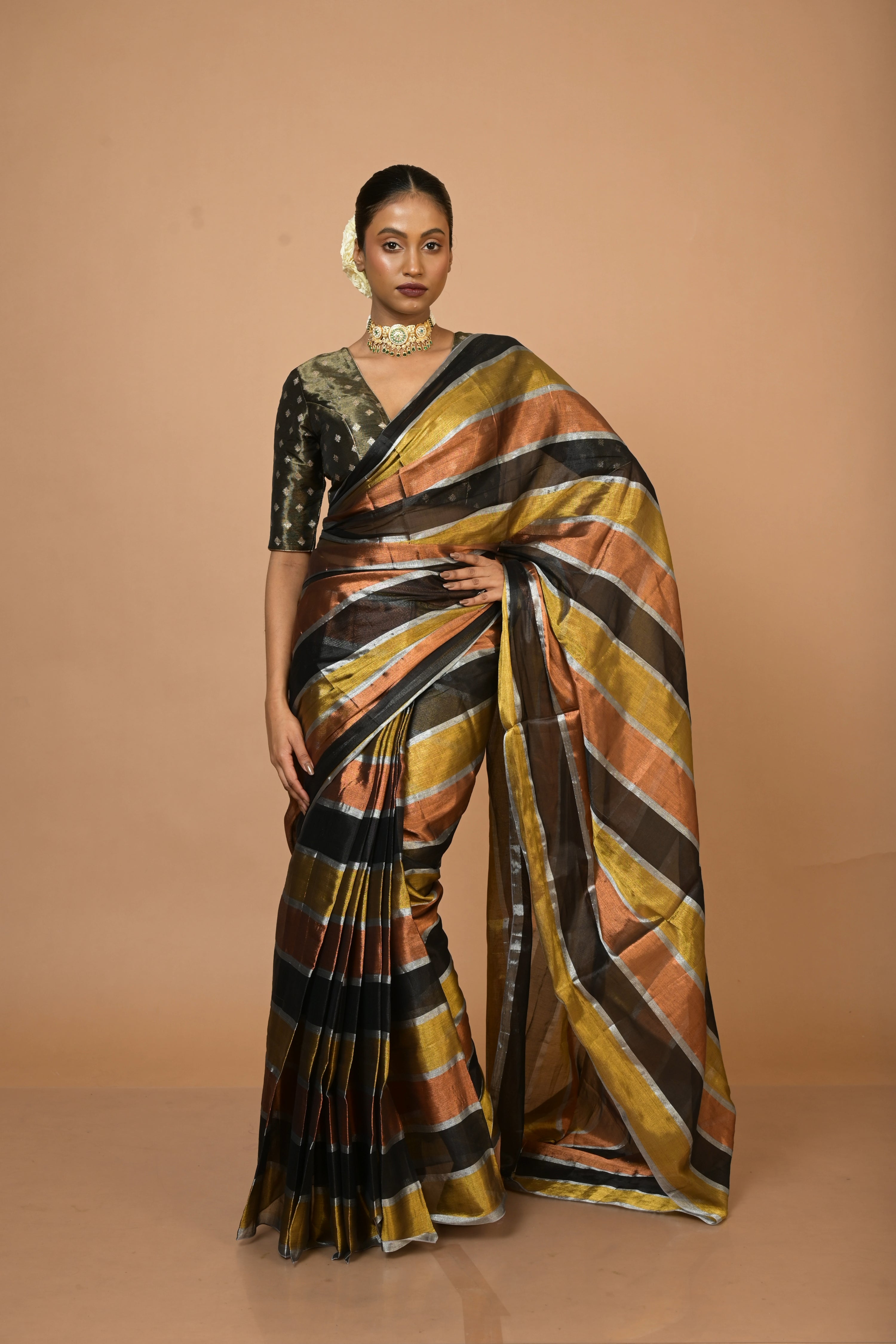 Multicoloured Handloom Tissue Saree with Ready to Wear Black Brocade Blouse Combo(Suprabha+Swarnika)