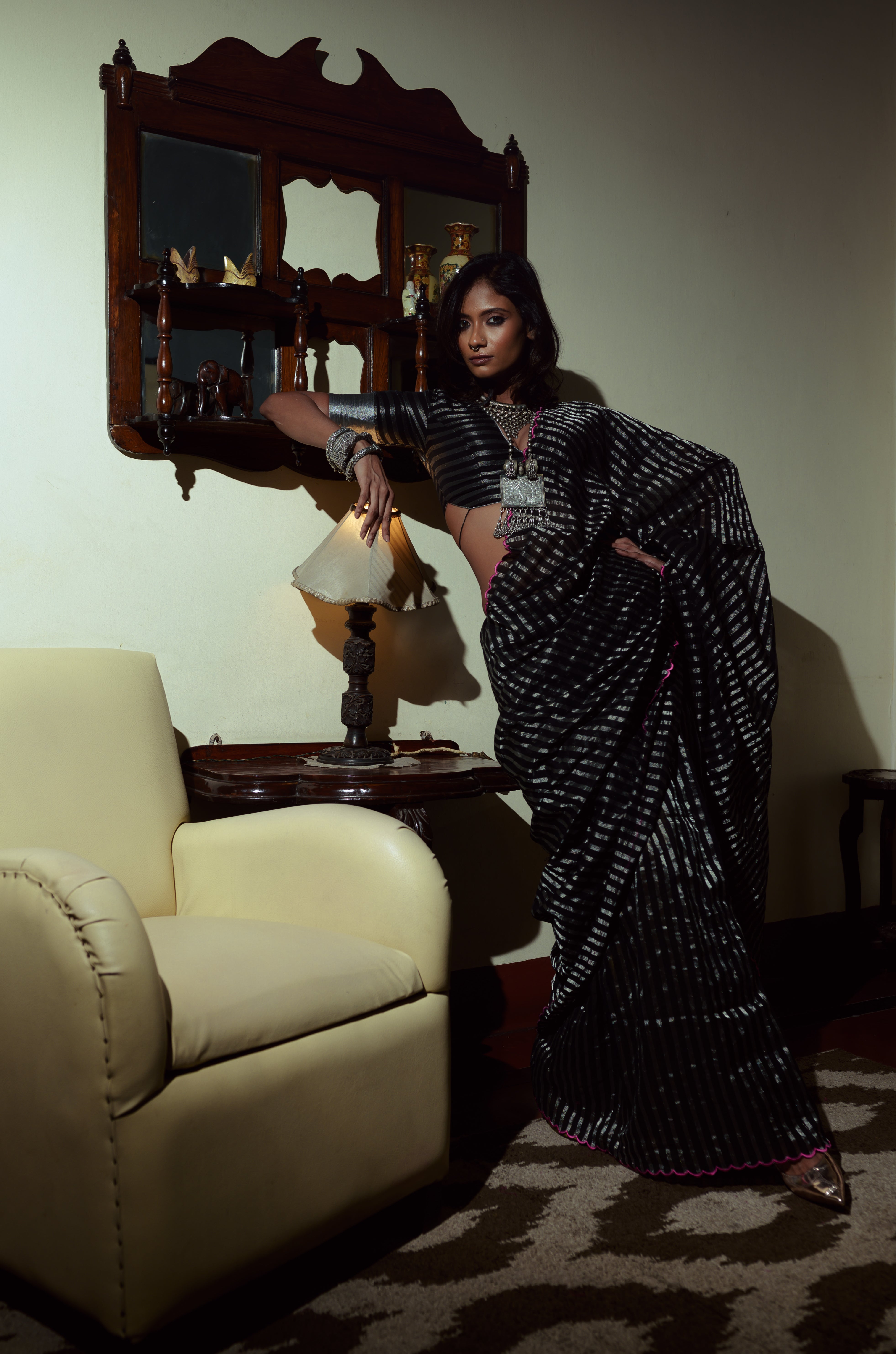 Handwoven Black Cotton Saree with Zari Stripes along with Ready to Wear Blouse Combo (Arcane Sorceress & Mystic Night)