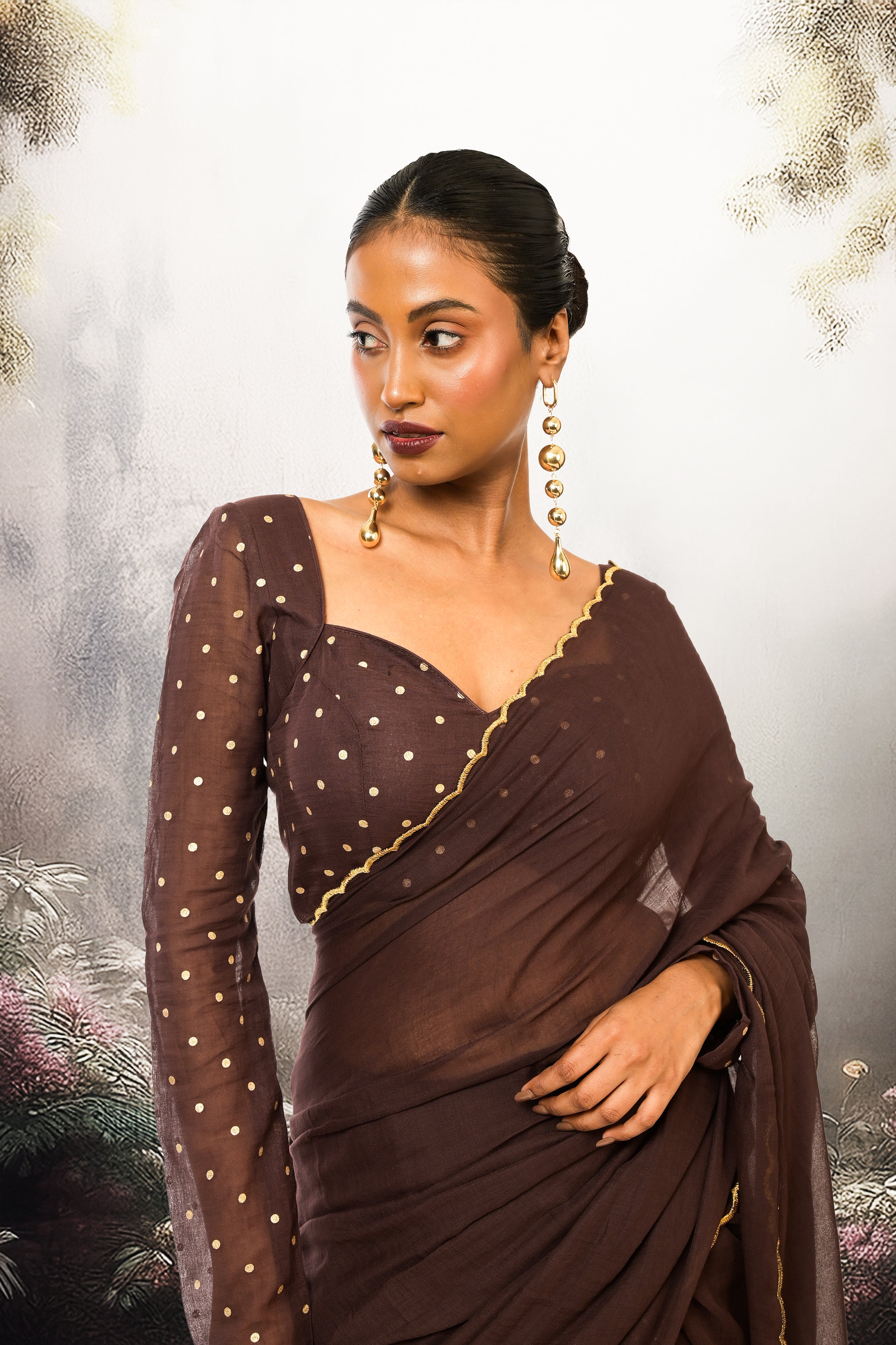 Cocoa Bliss I Brown Handloom Mul Cotton Saree with Golden Scalloped Border