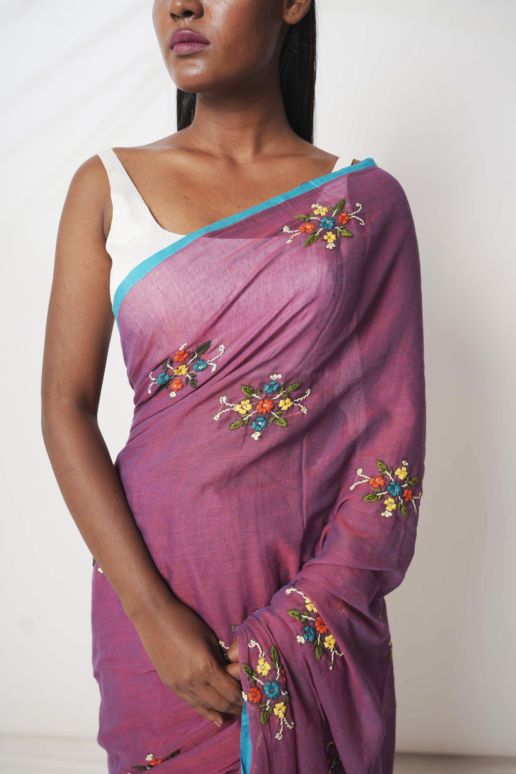 Jaamun Sherbet I Purple Mul Cotton Saree with Floral Embroidery