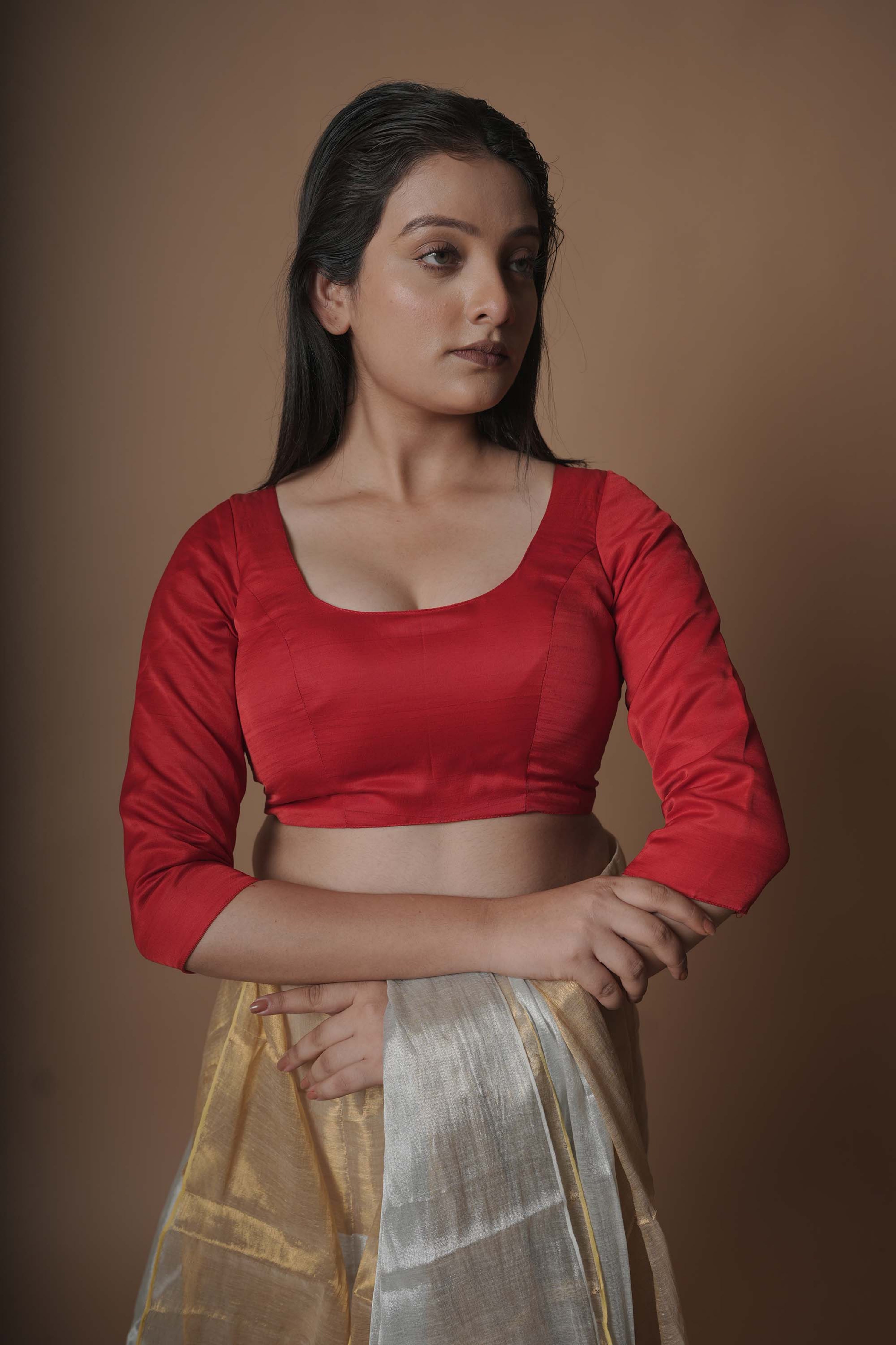 red-round-neck-blouse-with-three-quarters-sleeves