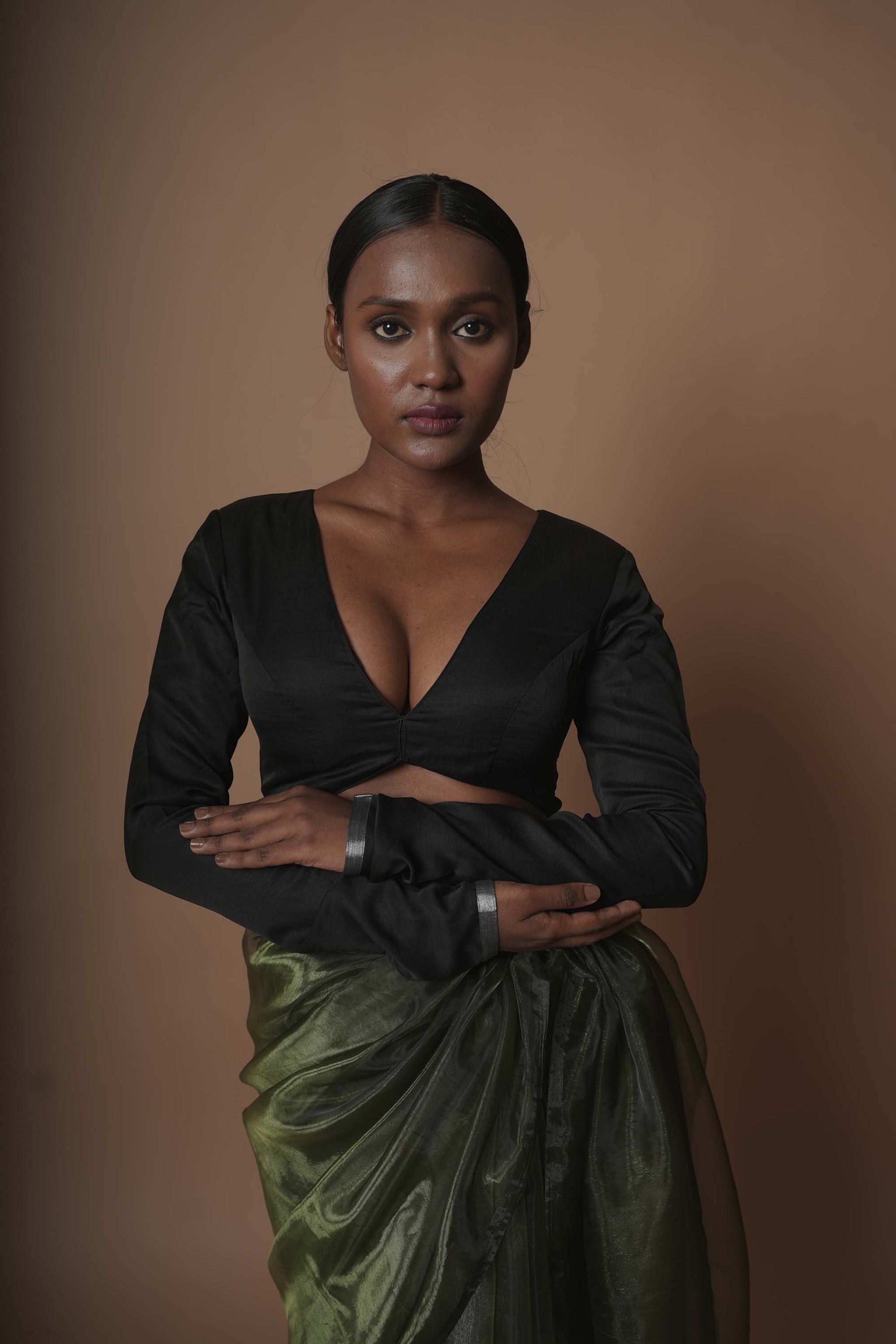 Black Cotton Silk Full Sleeve Blouse with Round Neck and Back Closure