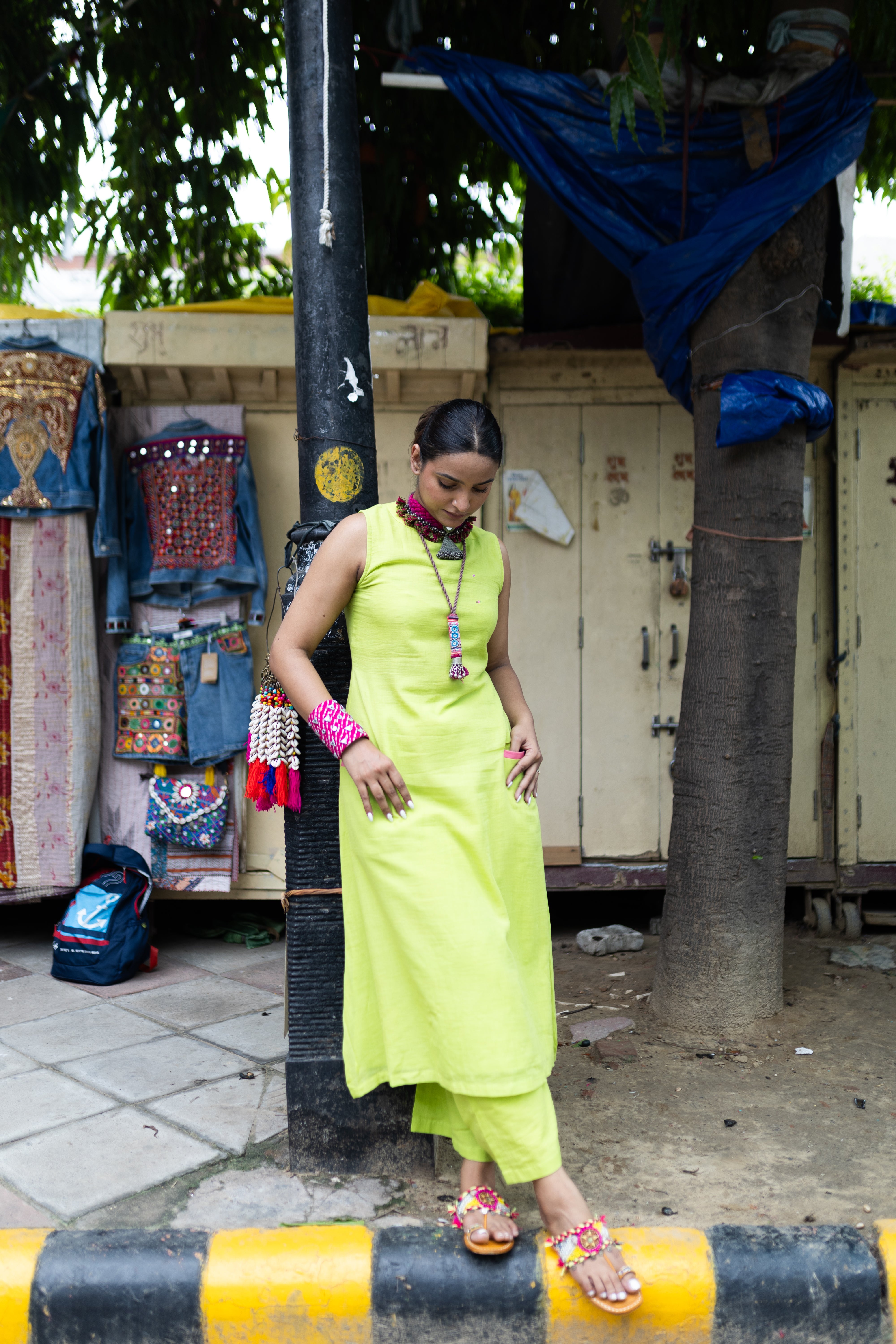 Mili I Lime Green Handloom Mul Cotton Sleeveless Kurta Pant Set