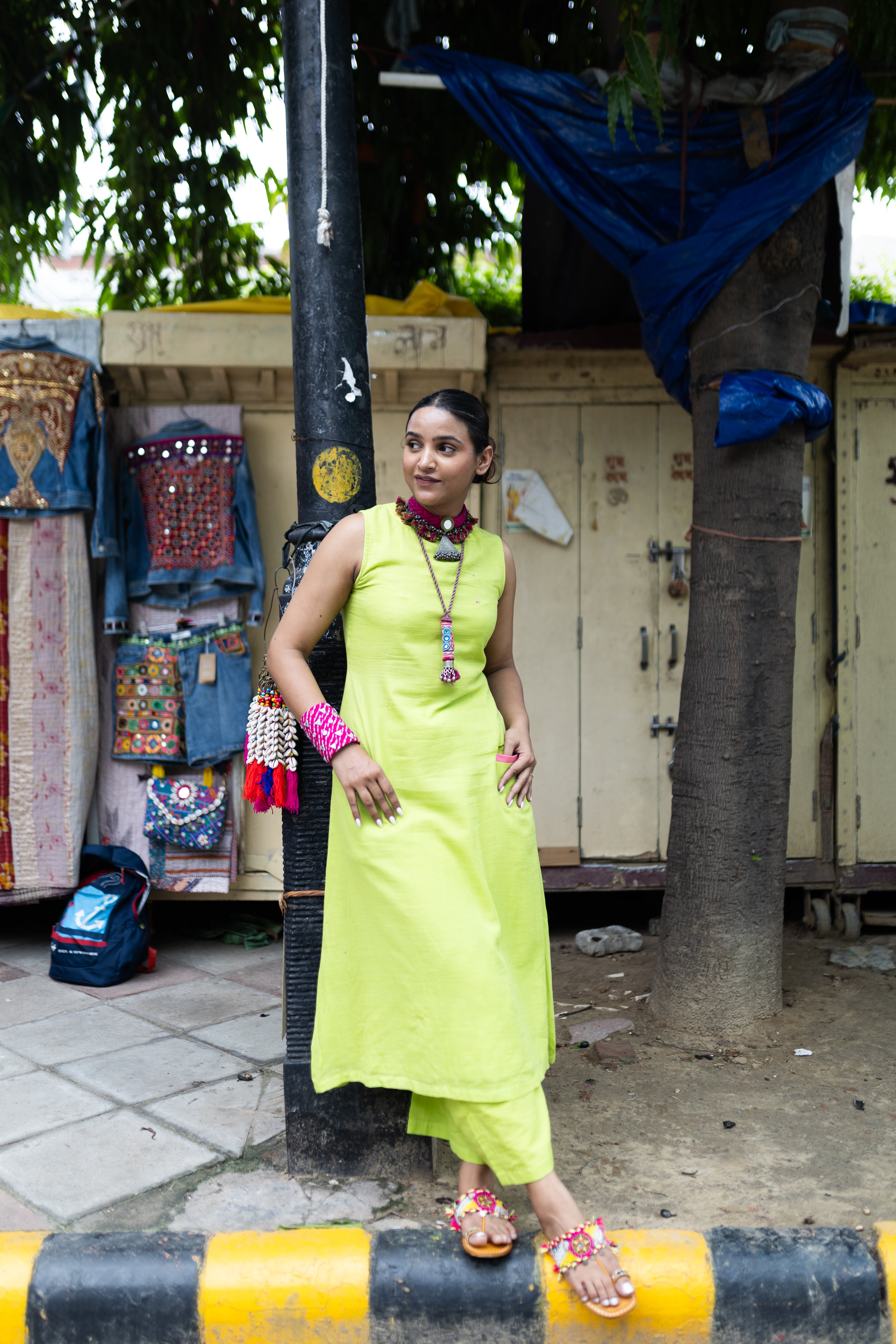 Mili I Lime Green Handloom Mul Cotton Sleeveless Kurta Pant Set