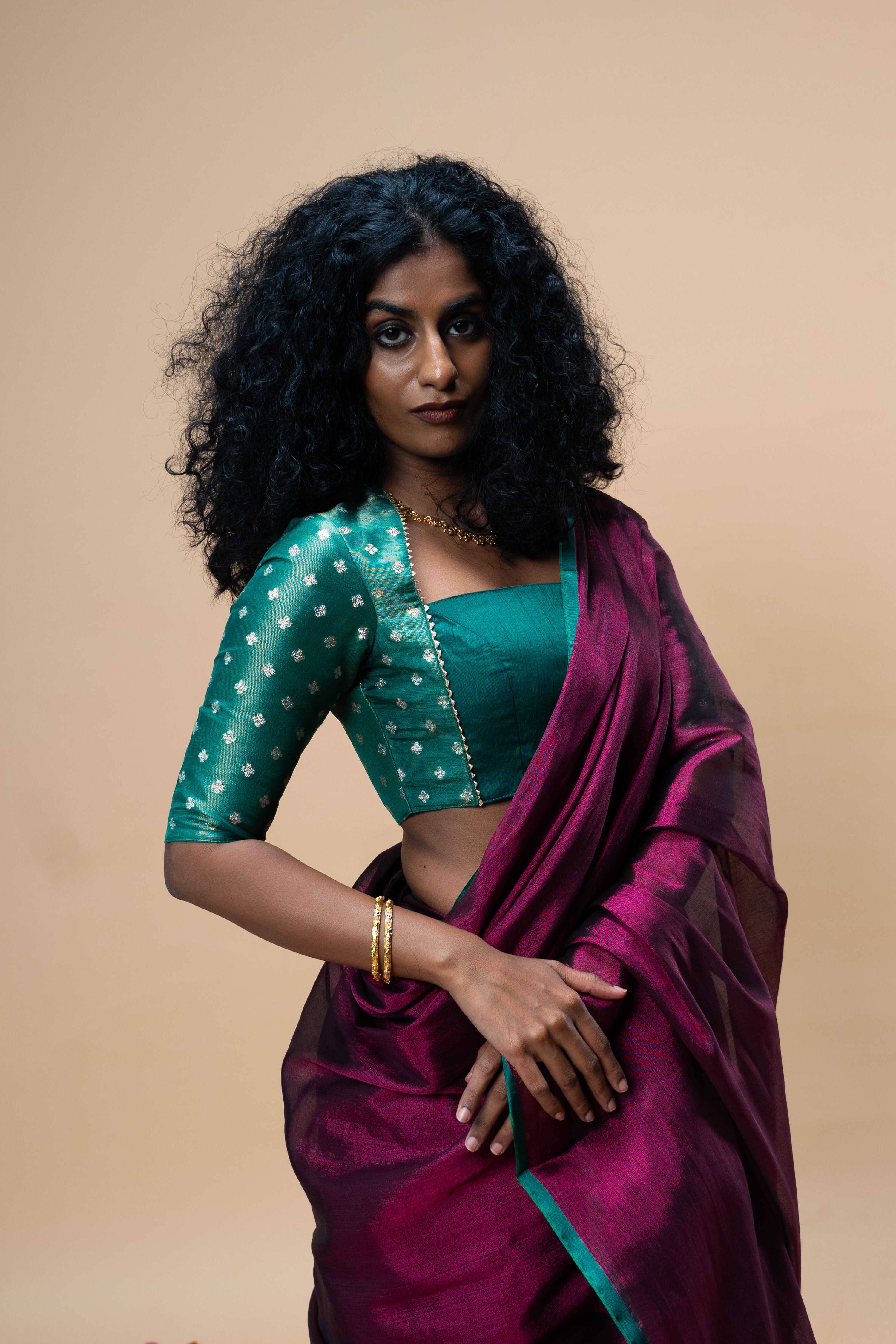 Divya I Green brocade silk blouse with square neck