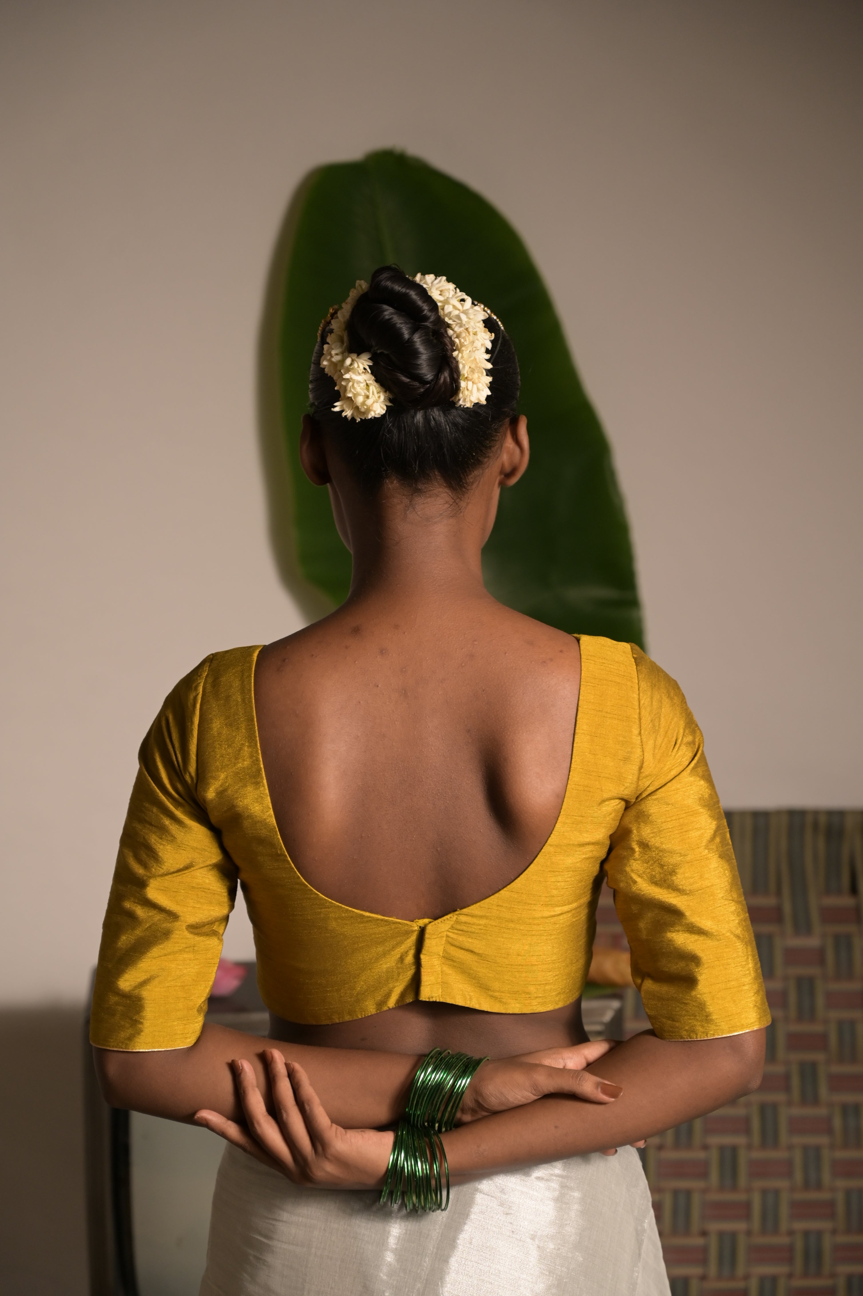 Hiranya I Mustard Silk Blouse with V neckline