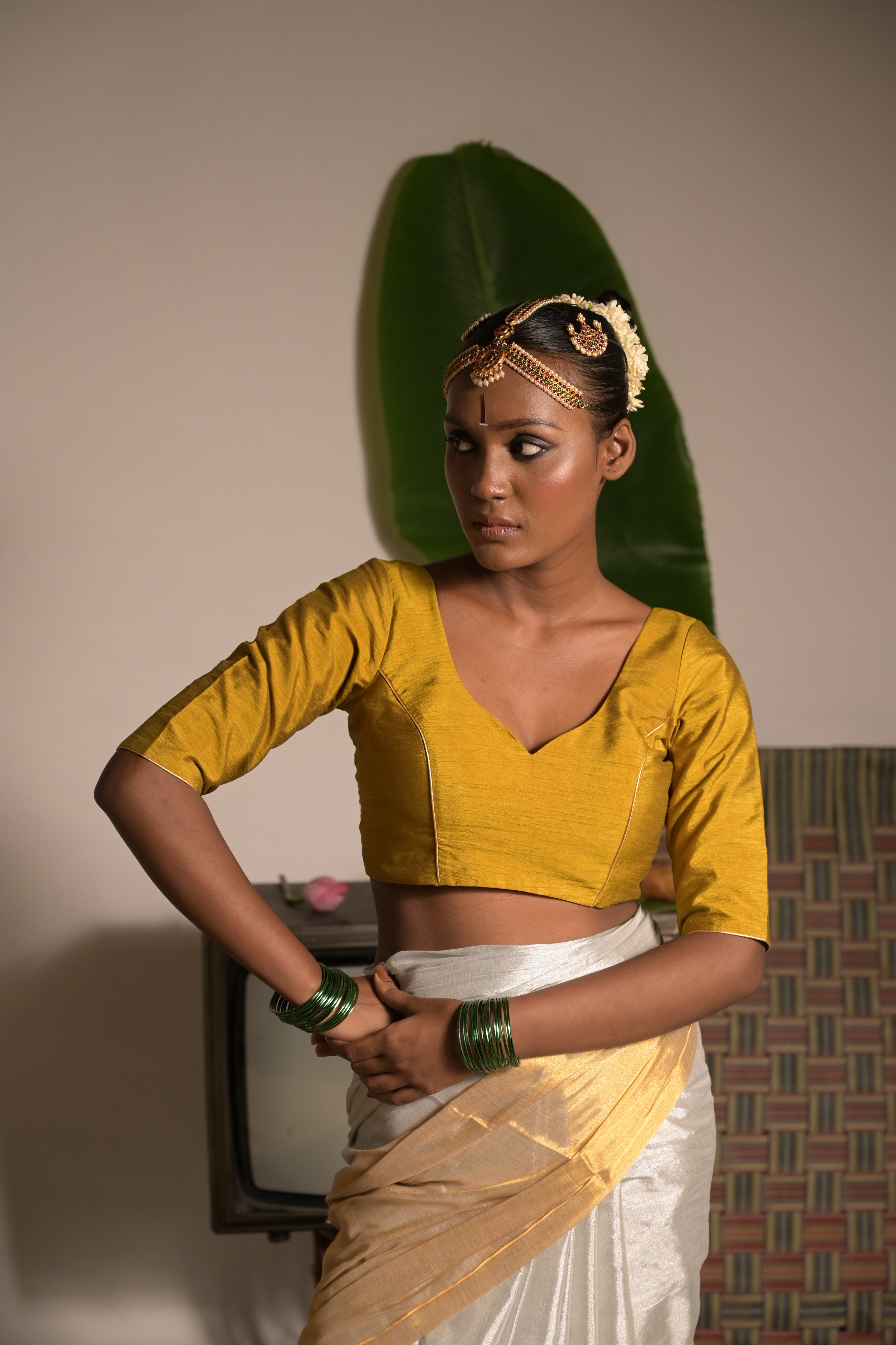 Hiranya I Mustard Silk Blouse with V neckline