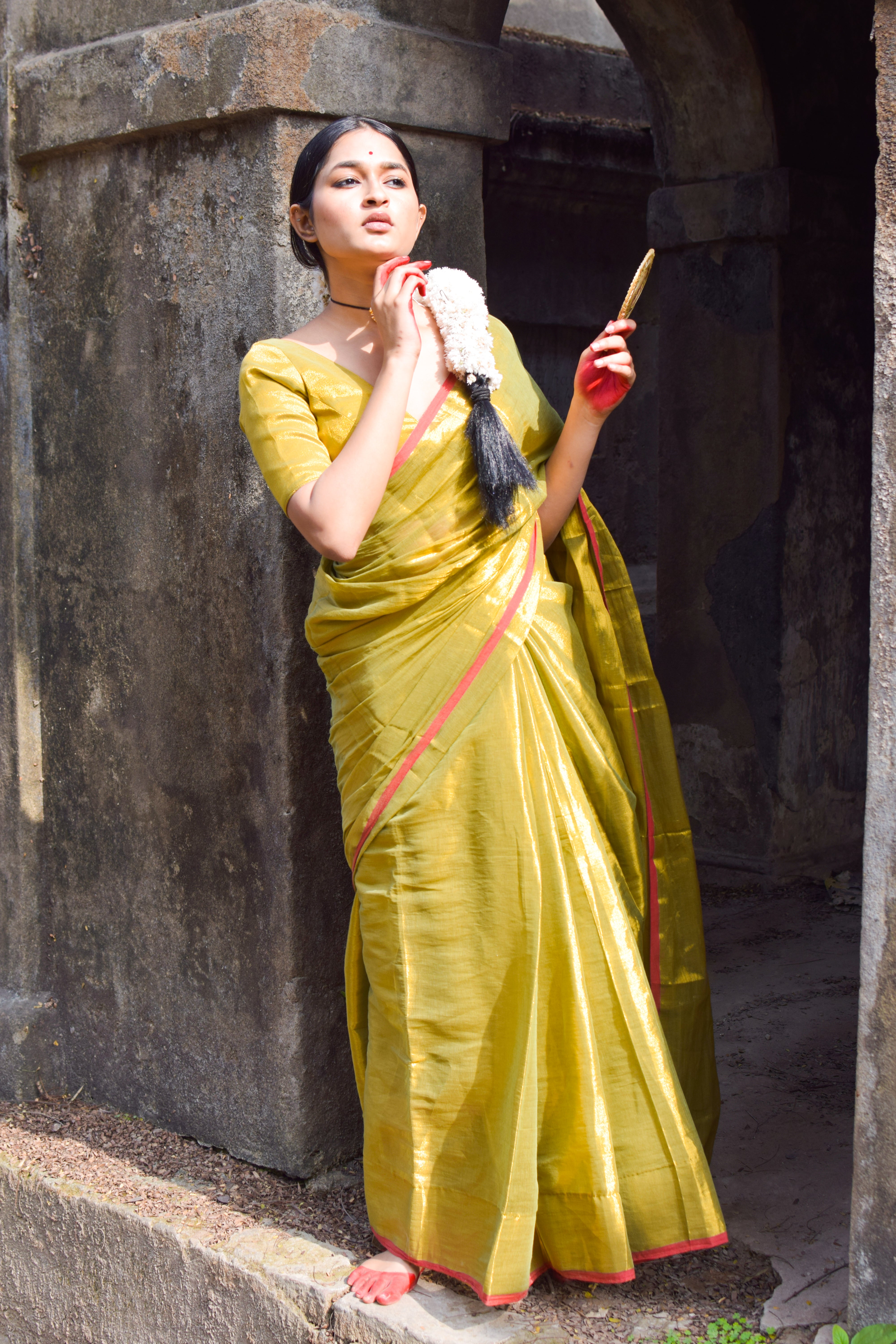 Handwoven Olive Green Tissue Saree with Ready to Wear Olive Green Blouse Combo (Chandrakala & Mystic Olive)