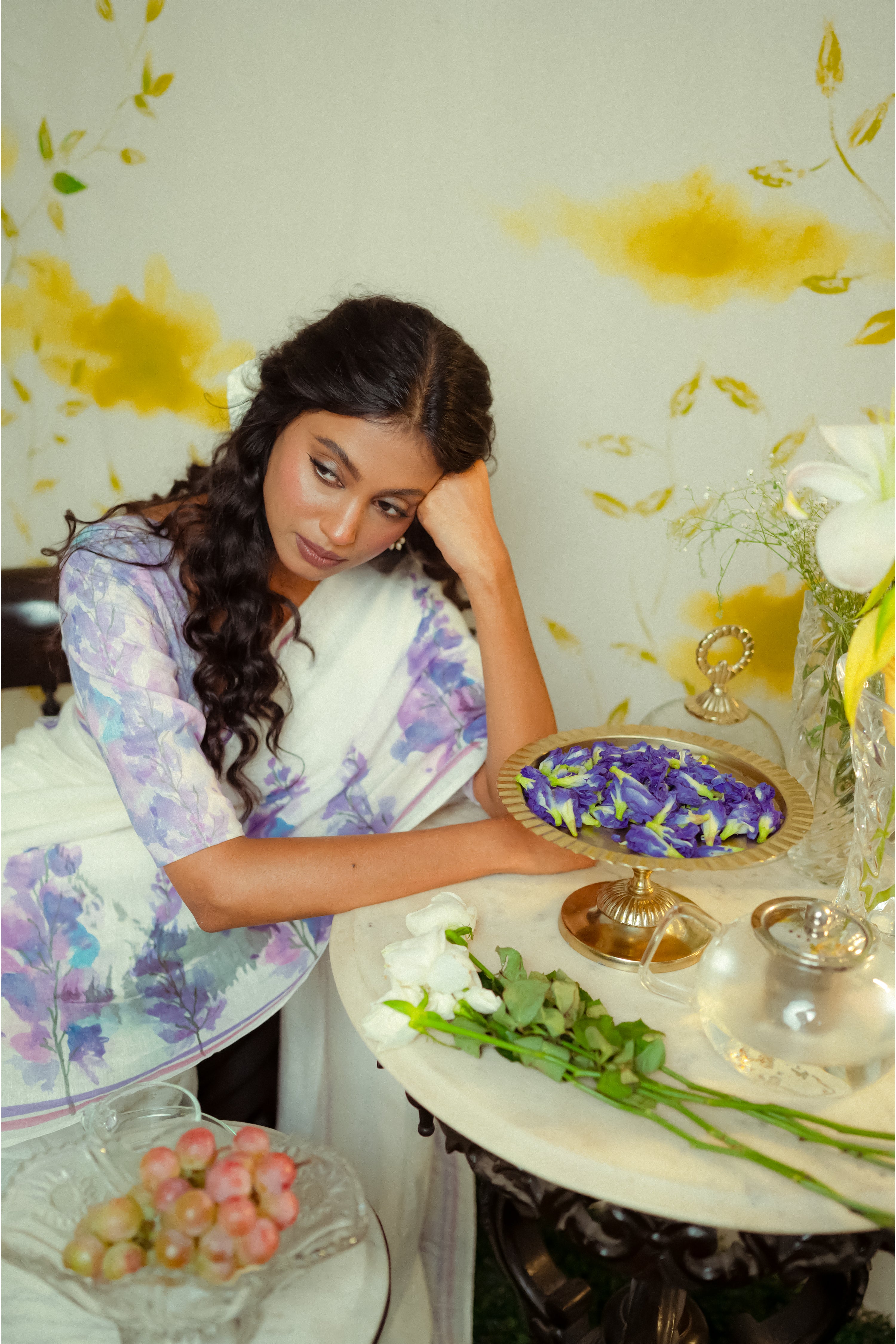 White Handwoven linen scenic printed saree with ready to wear floral printed designer blouse combo(Neelkuranji + Juhi)