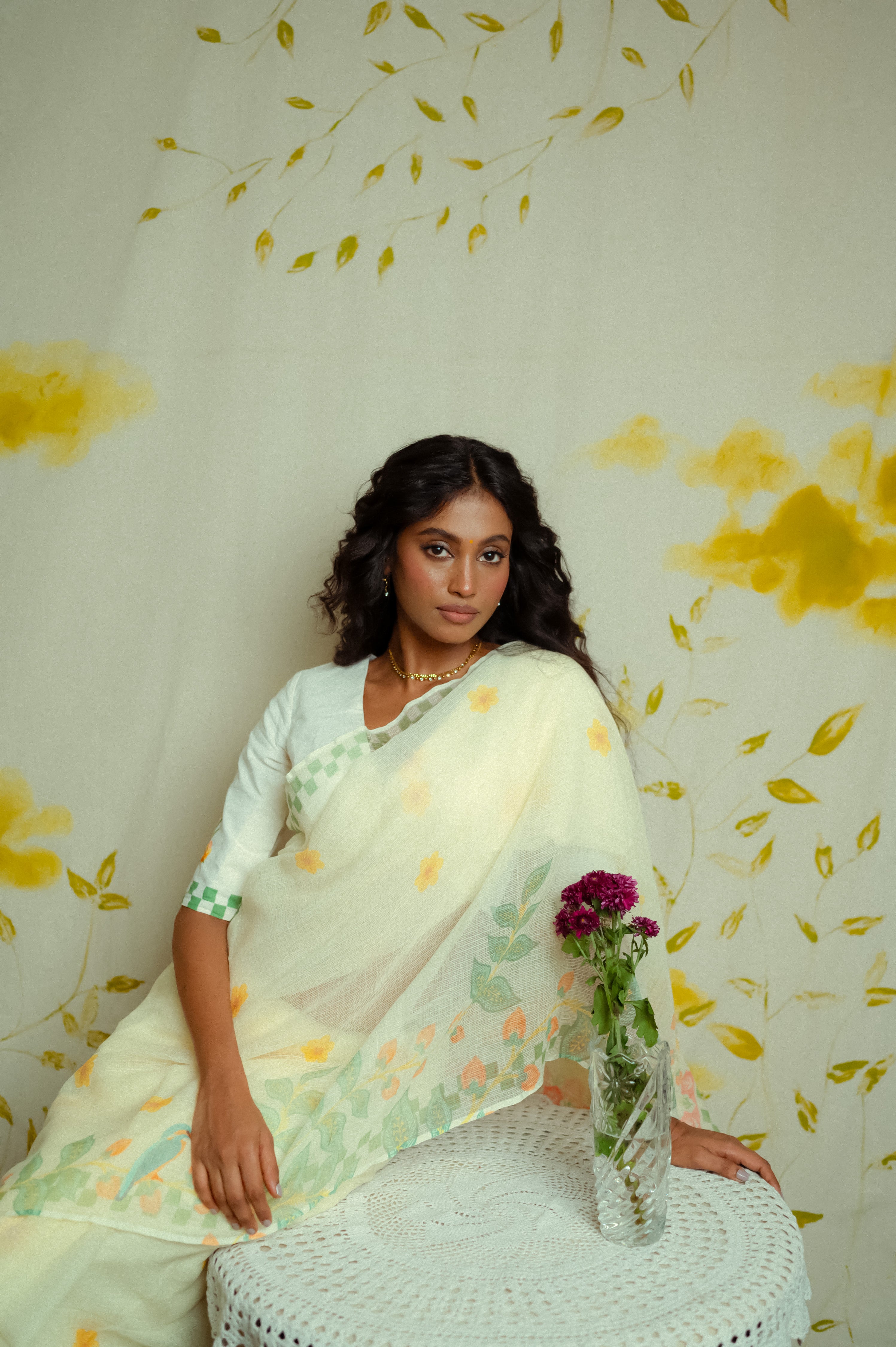 Ketaki I Cream Handloom Printed Kota doria Saree