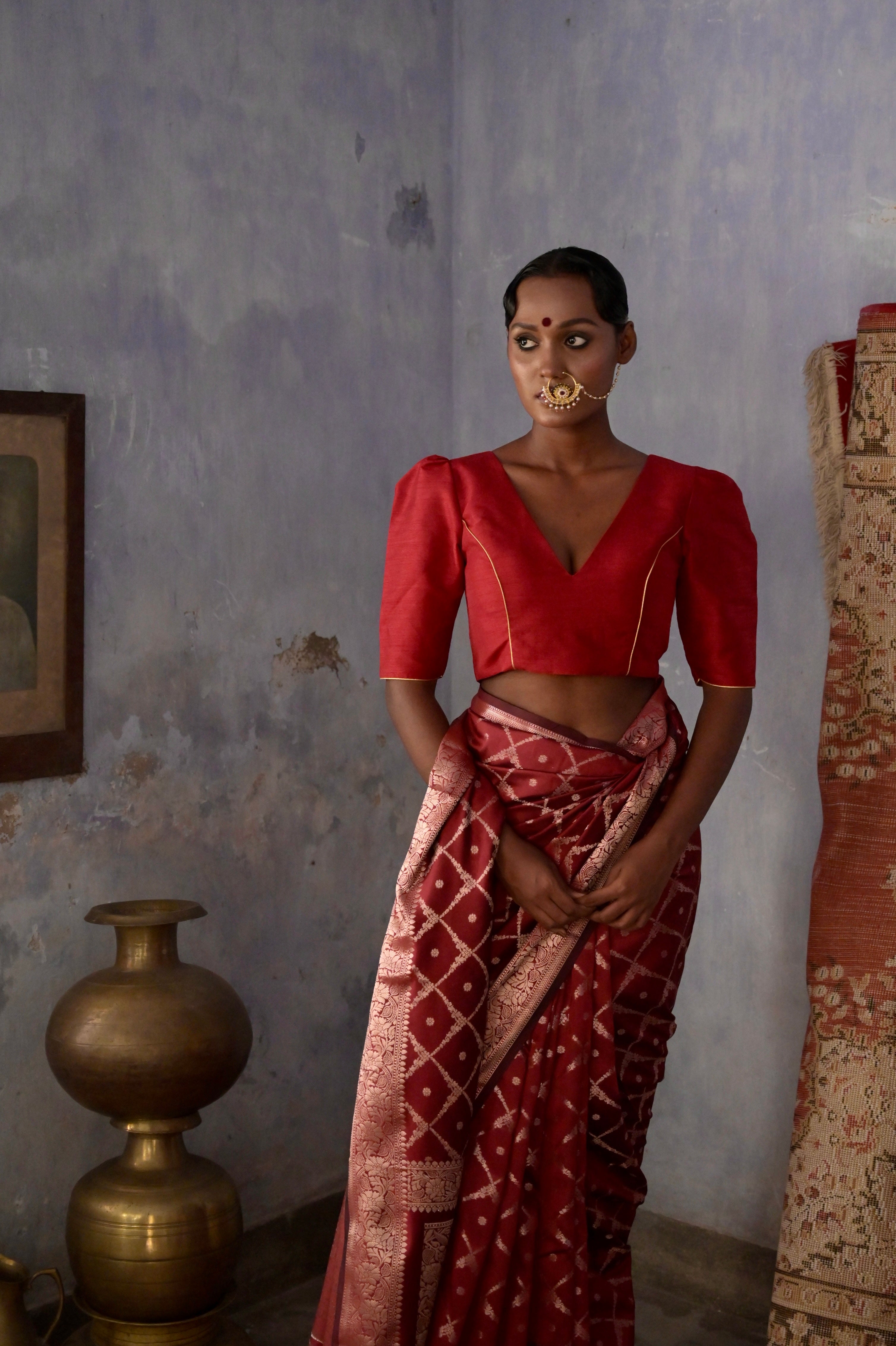 Neerja I Maroon Silk Blouse with V neckline