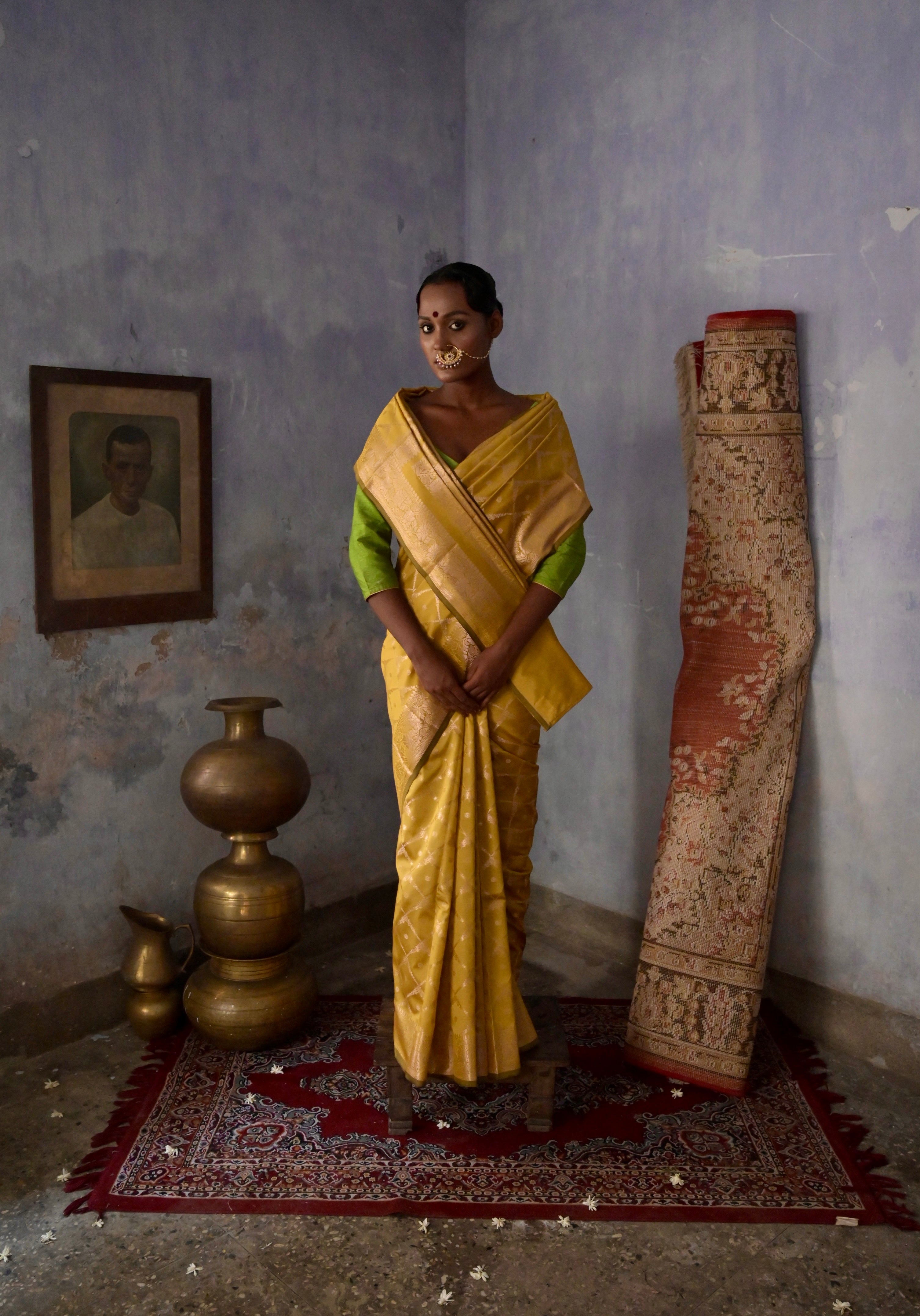 Zarban I mustard Handloom silk Jaal Banarasi Saree with floral Zari Border