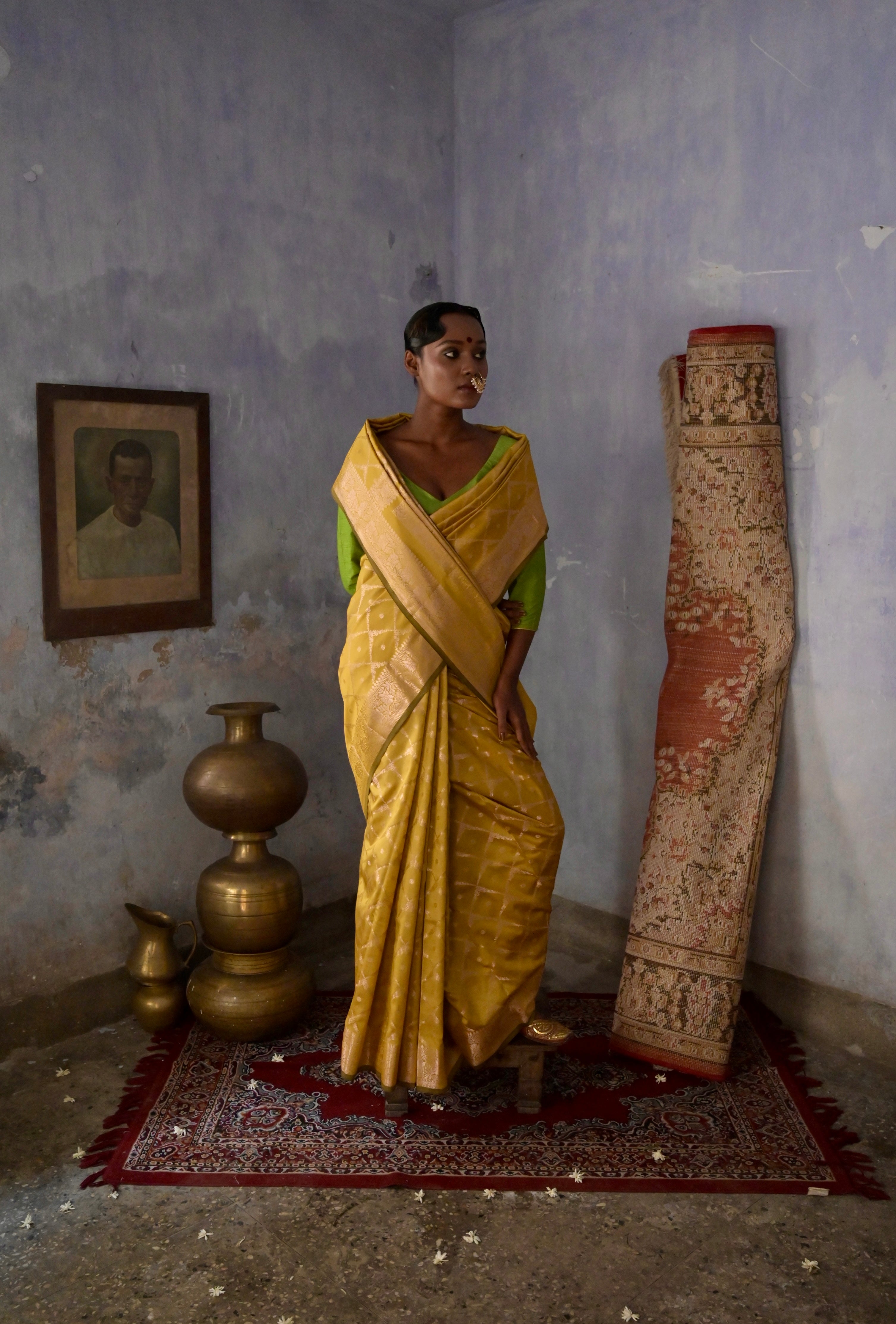 Zarban I mustard Handloom silk Jaal Banarasi Saree with floral Zari Border
