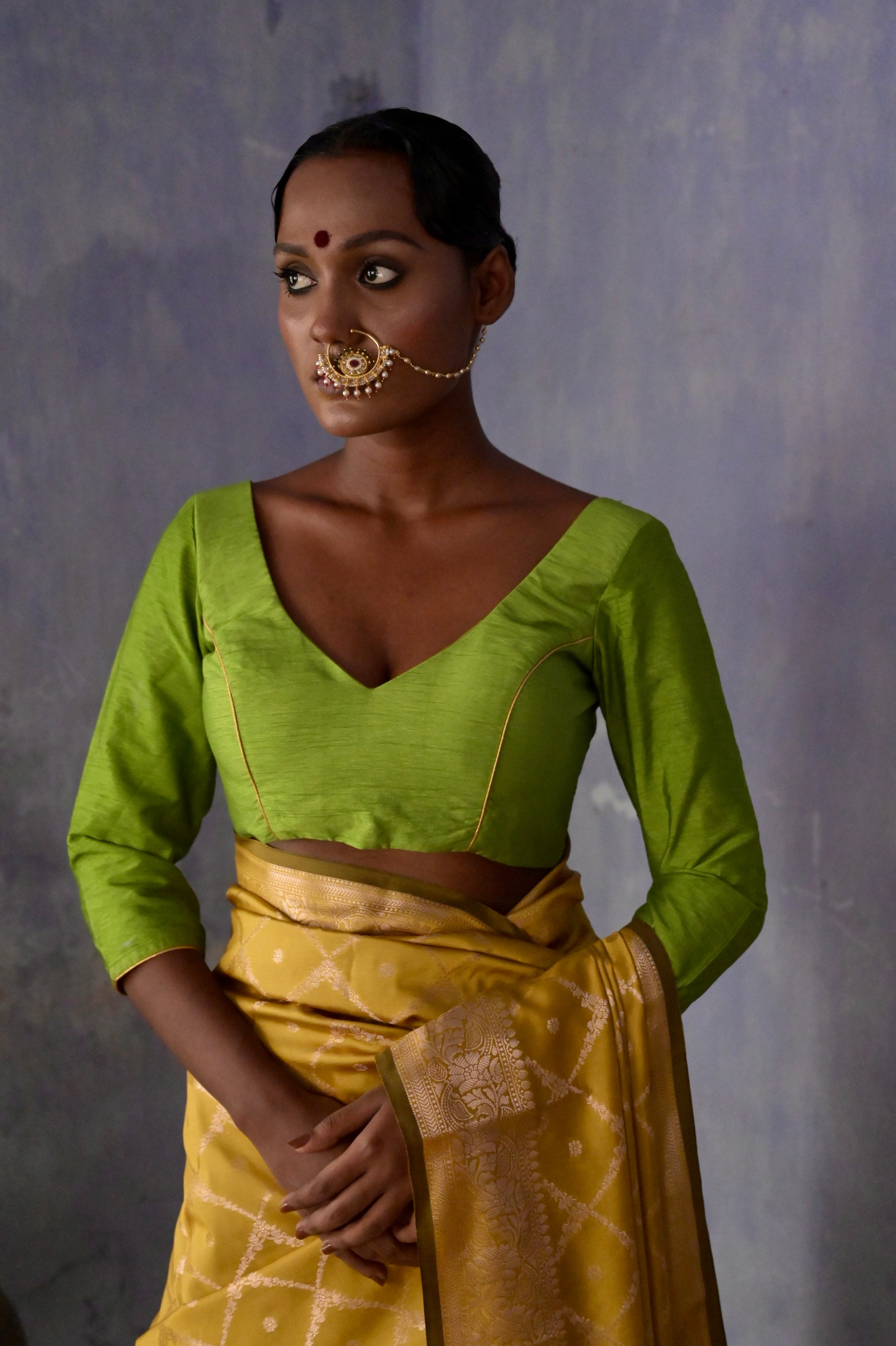 Tithi I Parrot green Silk Blouse with V neckline