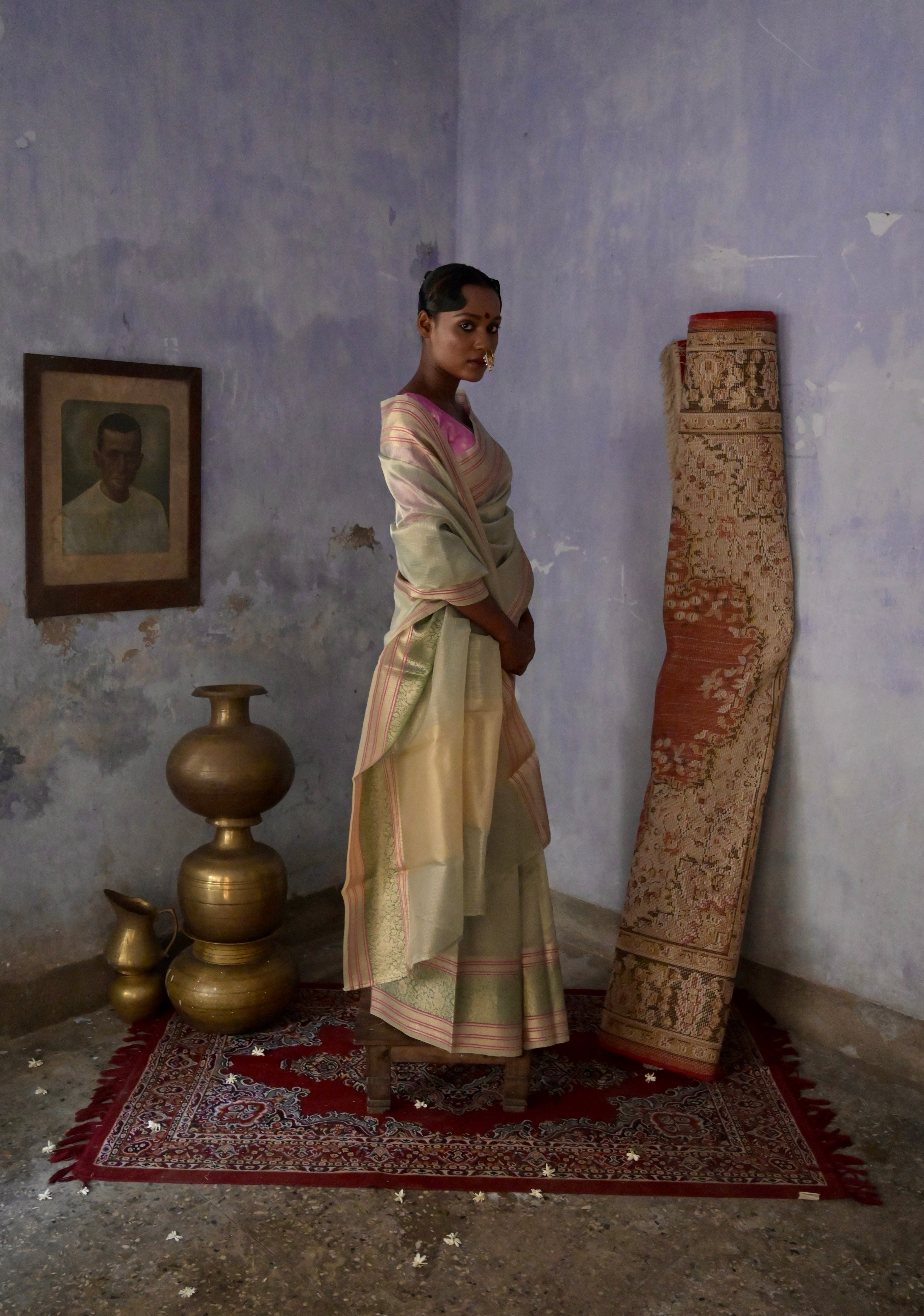 Anandi I Pastel Blue Handloom Kota Banarasi Saree with floral Zari Border