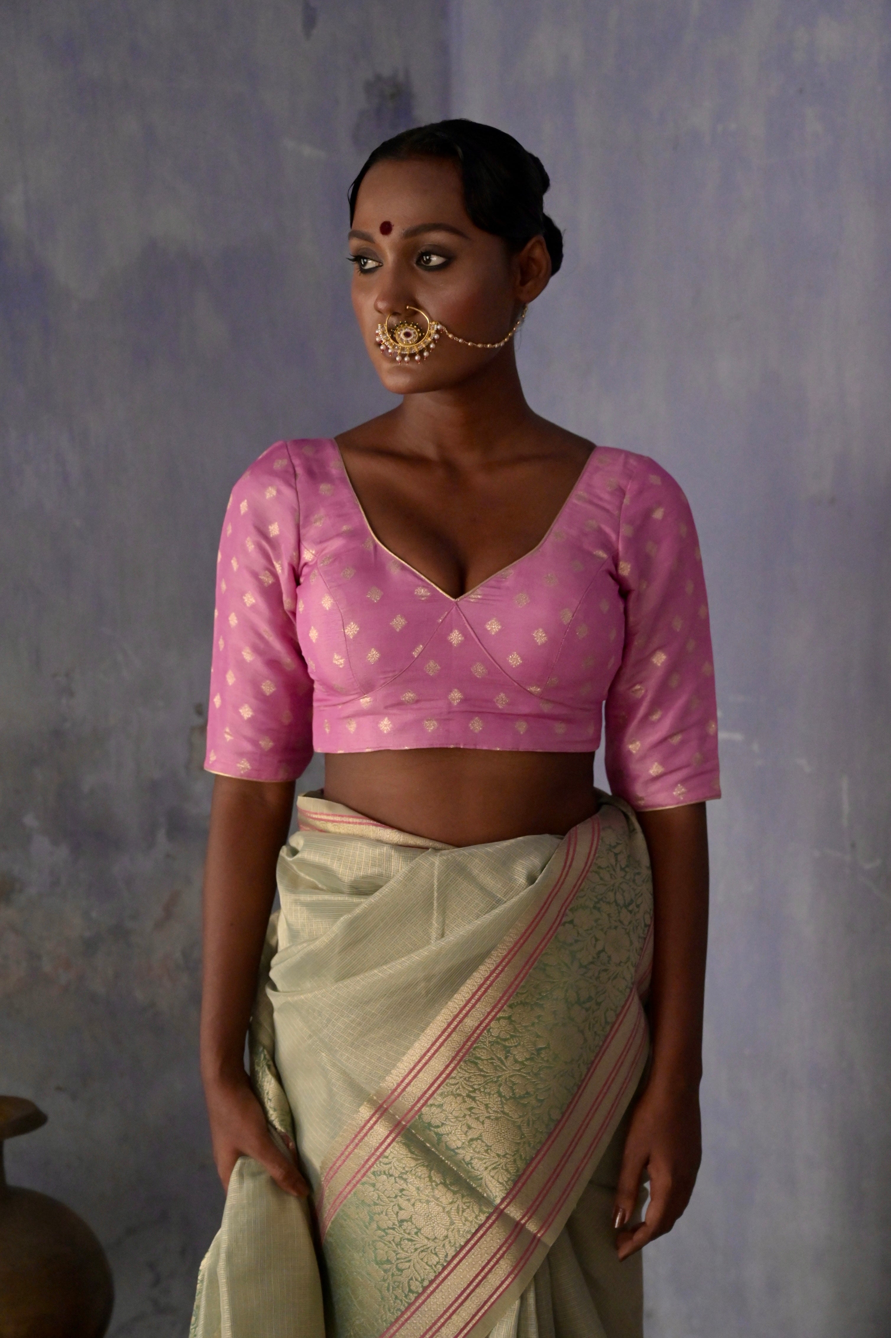 Siddhi I Pink brocade Blouse with sweetheart neckline