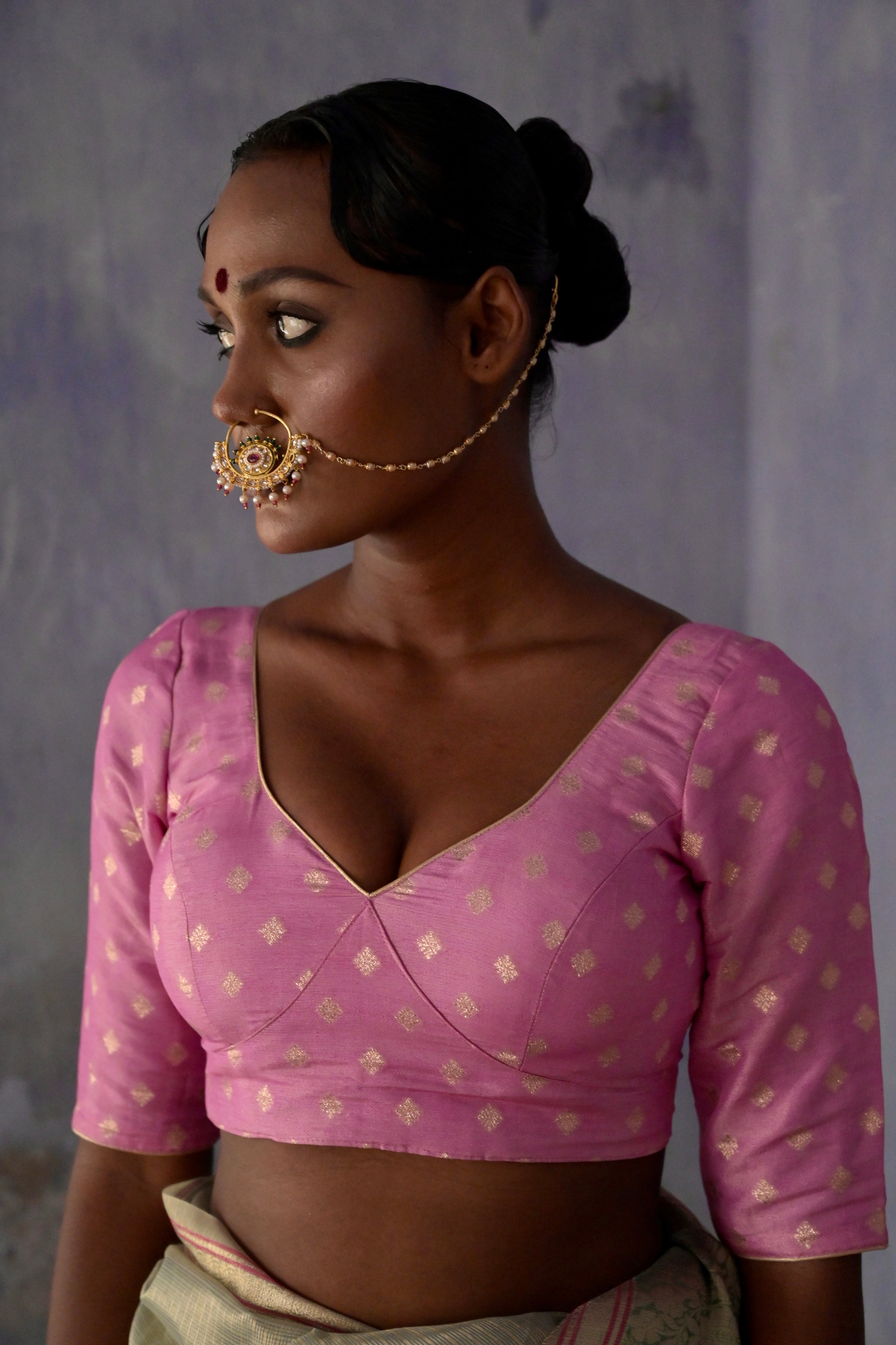 Siddhi I Pink brocade Blouse with sweetheart neckline