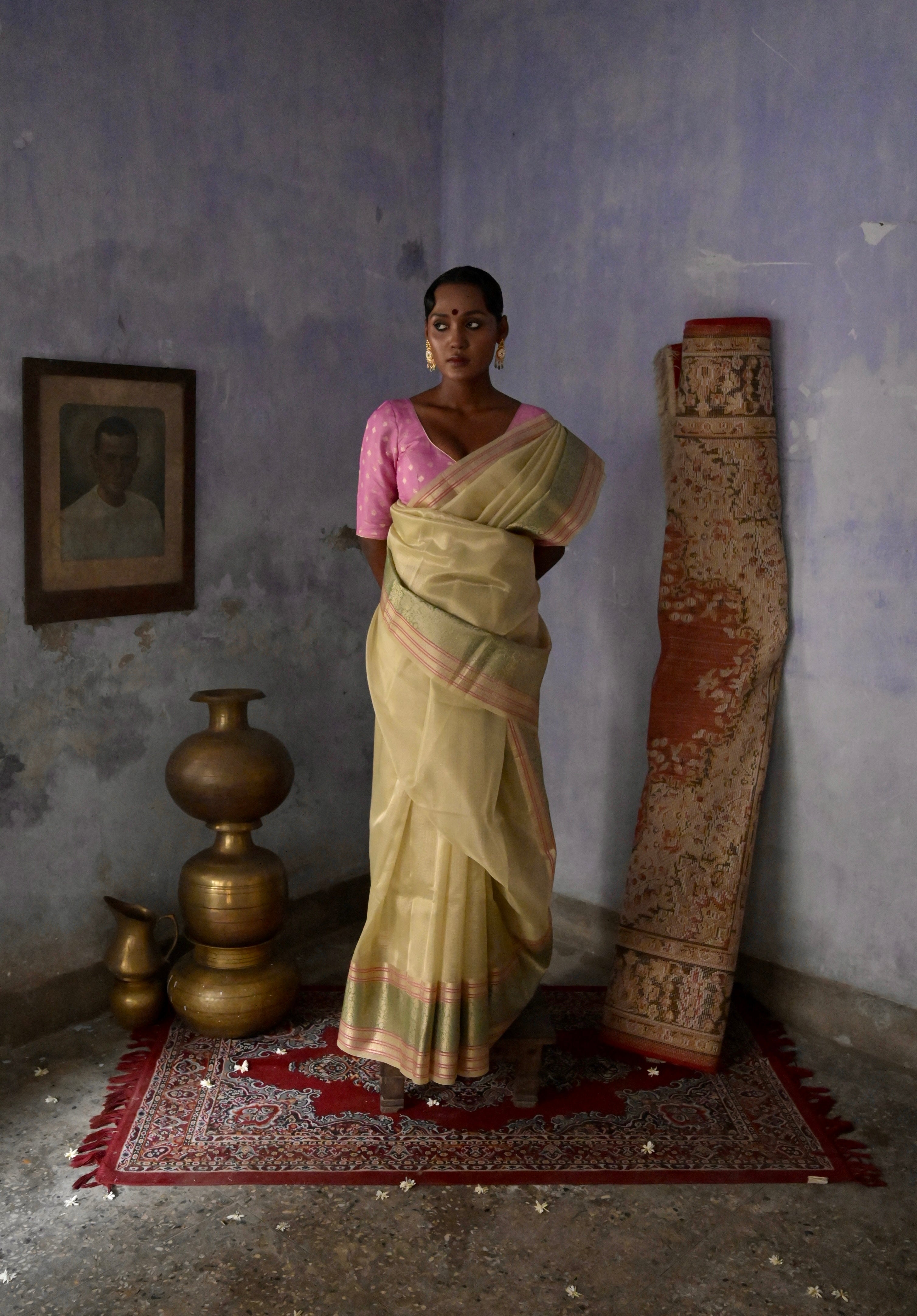 Rangat I Pastel green Handloom Kota Banarasi Saree with floral Zari Border