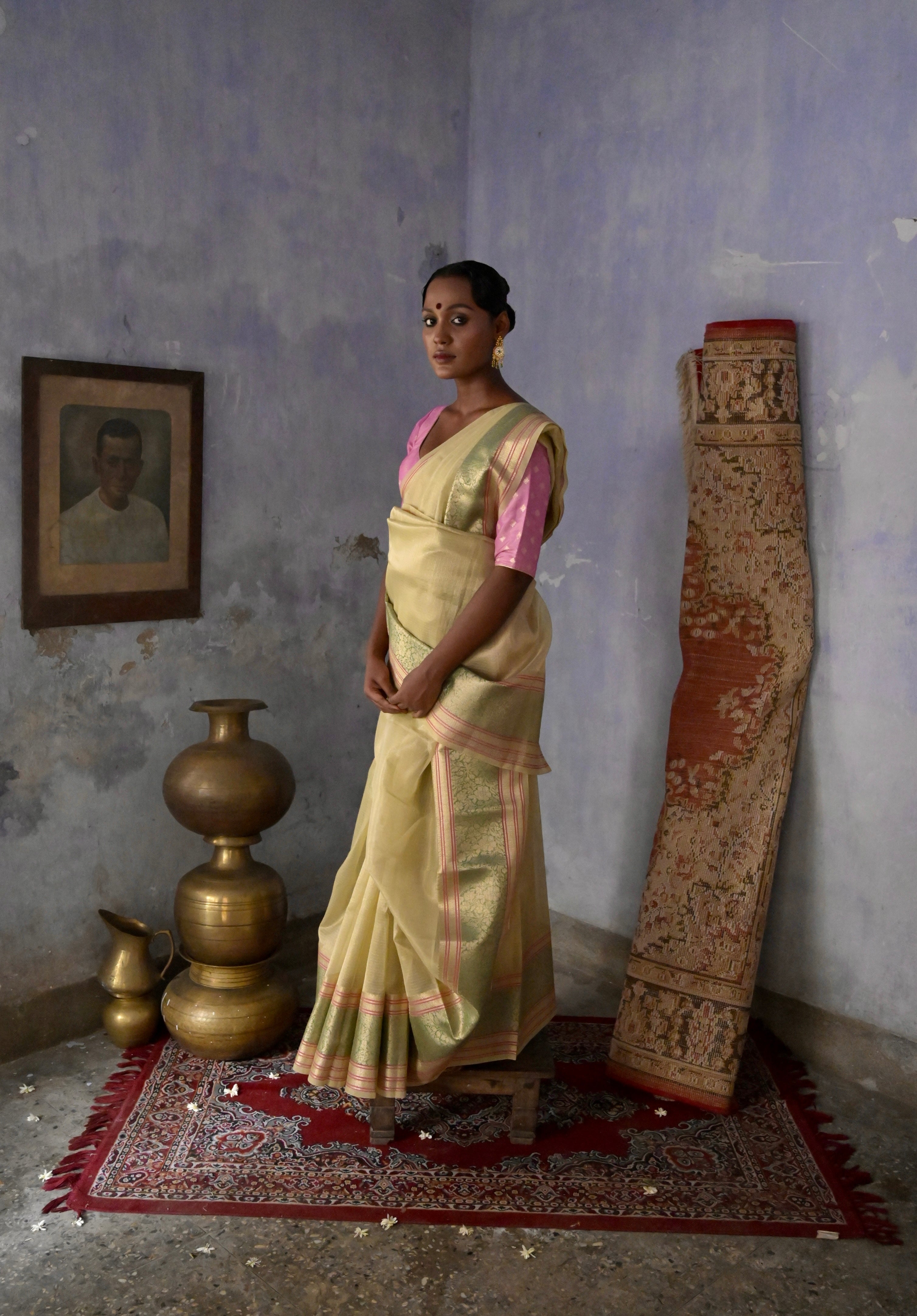 Rangat I Pastel green Handloom Kota Banarasi Saree with floral Zari Border