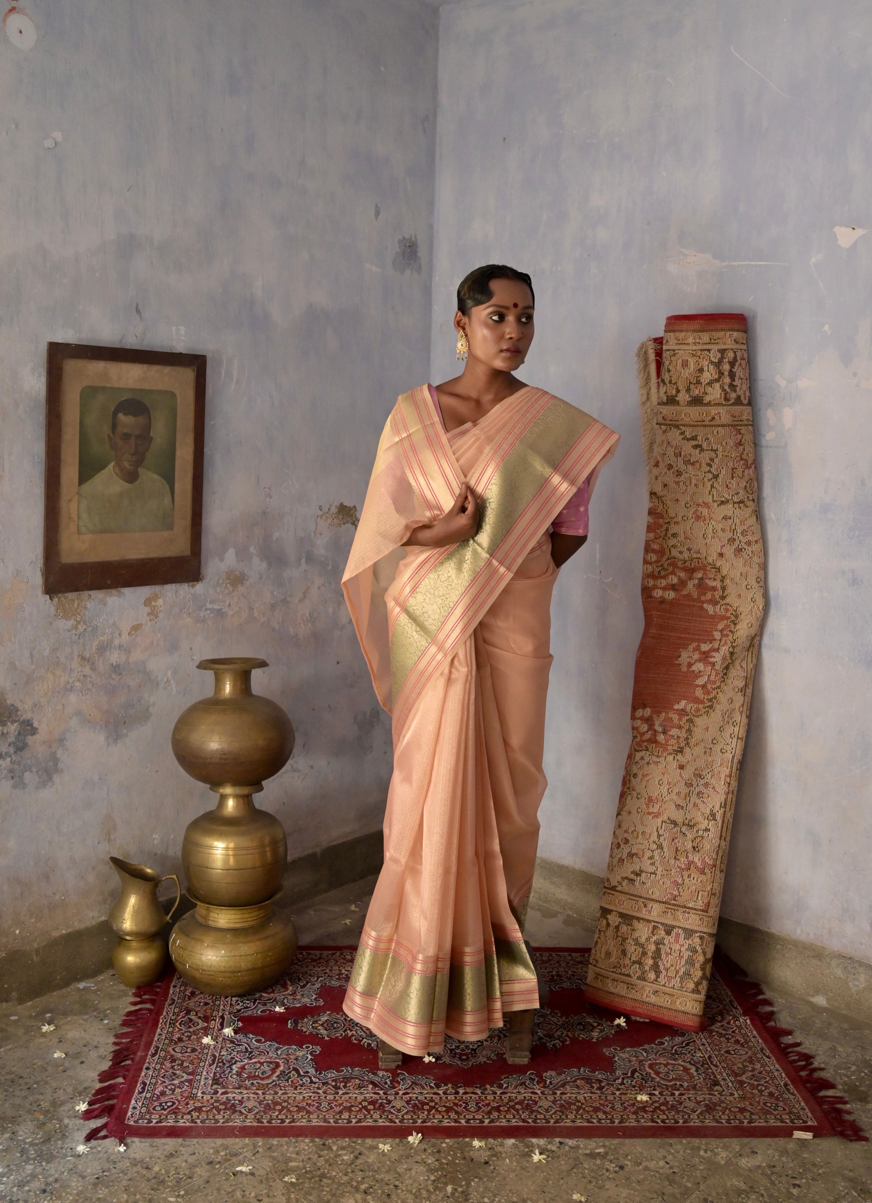 Saanjh I Peach Handloom Kota Banarasi Saree with floral Zari Border