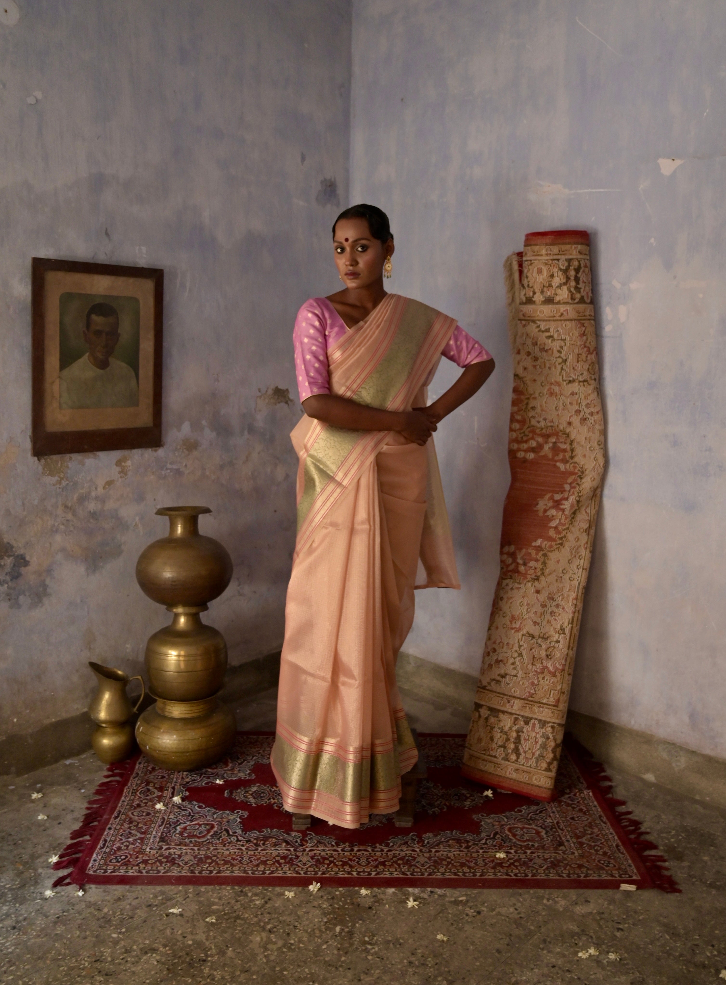 Saanjh I Peach Handloom Kota Banarasi Saree with floral Zari Border